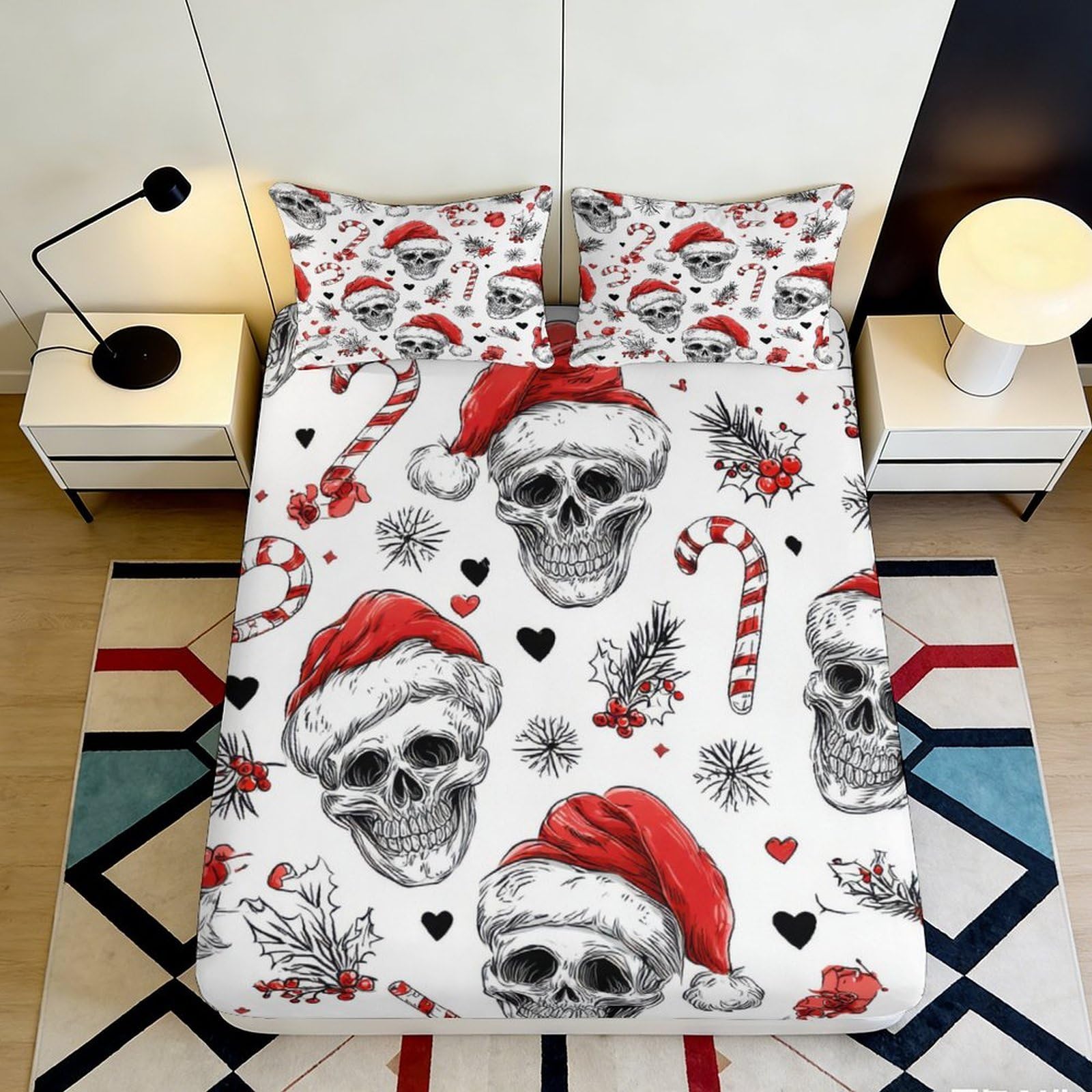 3D Printed Christmas Skull Fitted Sheet Microfiber Red Santa Candy Cane Bed Cover for Bedroom Dorm Decor 90x200x25cm