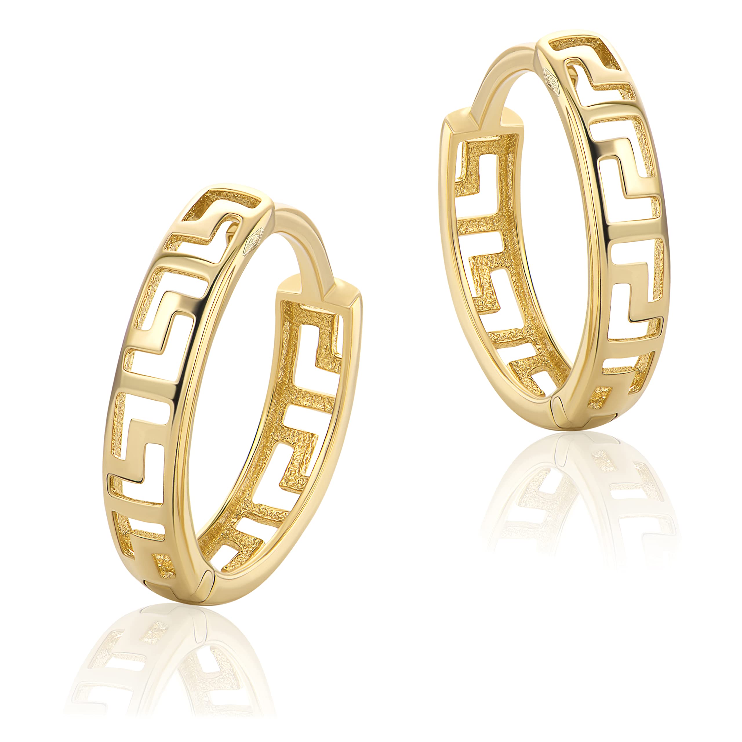 PRINS JEWELS Pequeñas llaves griegas pendientes de aro de oro amarillo de 9 quilates 375 pendientes de oro H166