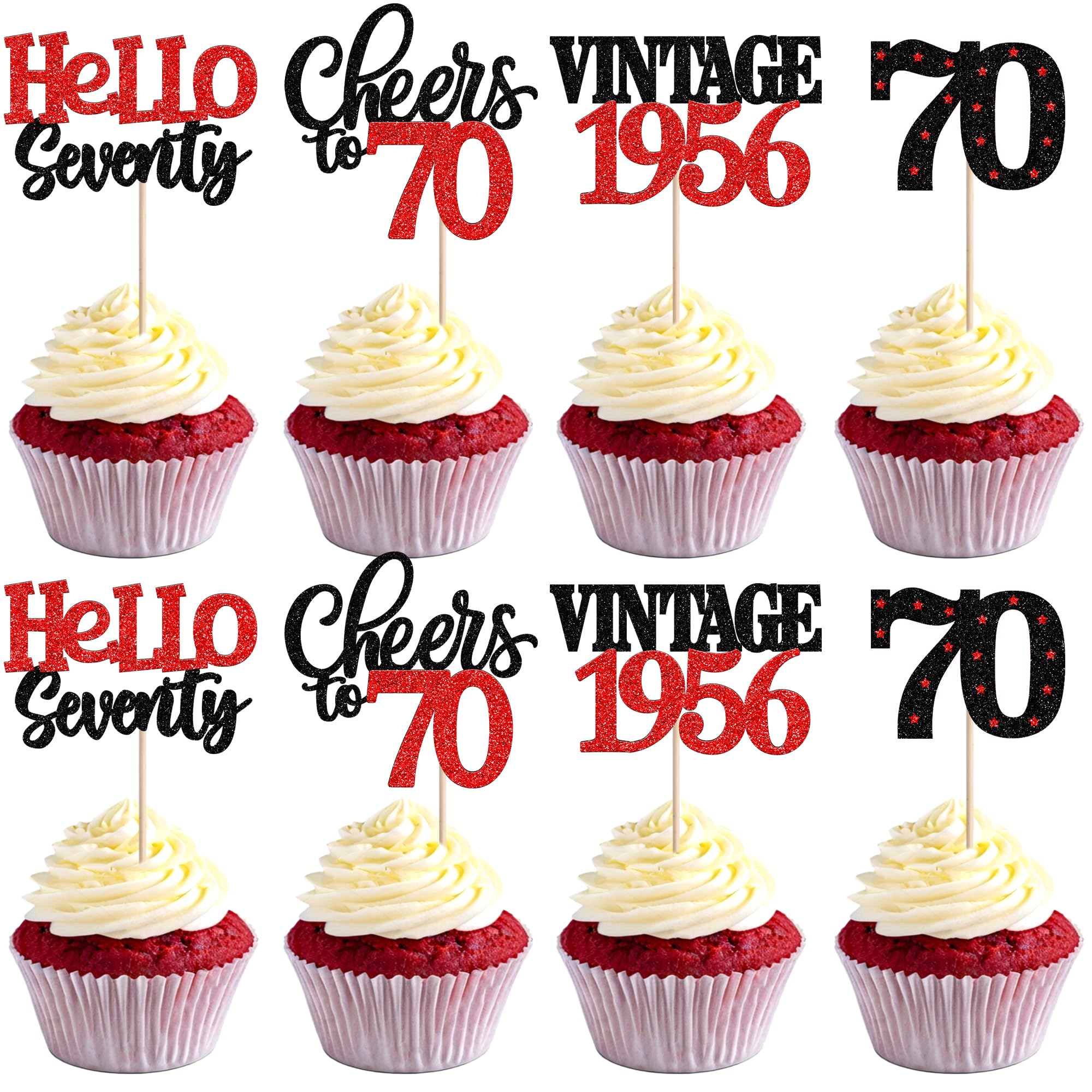 Xsstarmi 24 Pack 70th Birthday Cupcake Toppers Red Glitter 70 Hello Seventy Vintage 1956 Cupcake Picks Cheers to 70 Birthday Cake Decorations for 70 Fabulous Happy 70th Birrthday Party Supplies