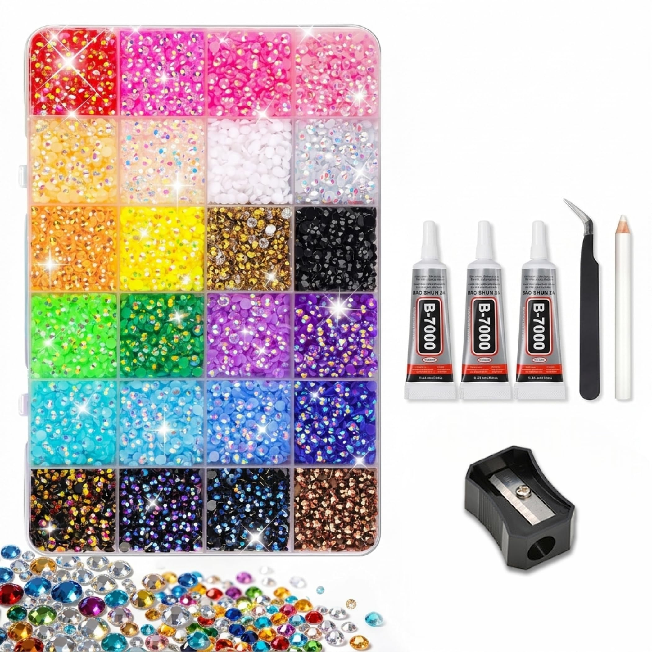 Hexon 24000Pcs Resin Nail Art Rhinestones Kit, 24 Colors 3mm Flatback Gems for Bedazzling, Includes Tweezers & Pickup Pen, Multi-Color AB Crystals for Nails, Clothes, Shoes, DIY Crafts & Decorations-image-24