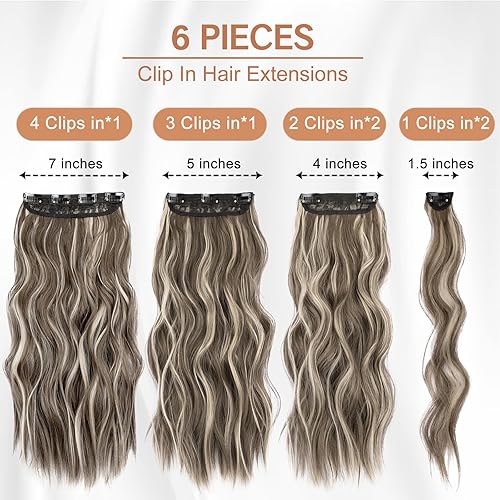 Miniatura 2 de Extensiones de cabello sintético con clip, de 20 pulgadas, 6 unidades, extensiones de cabello largo ondulado y grueso, extensiones de cabello