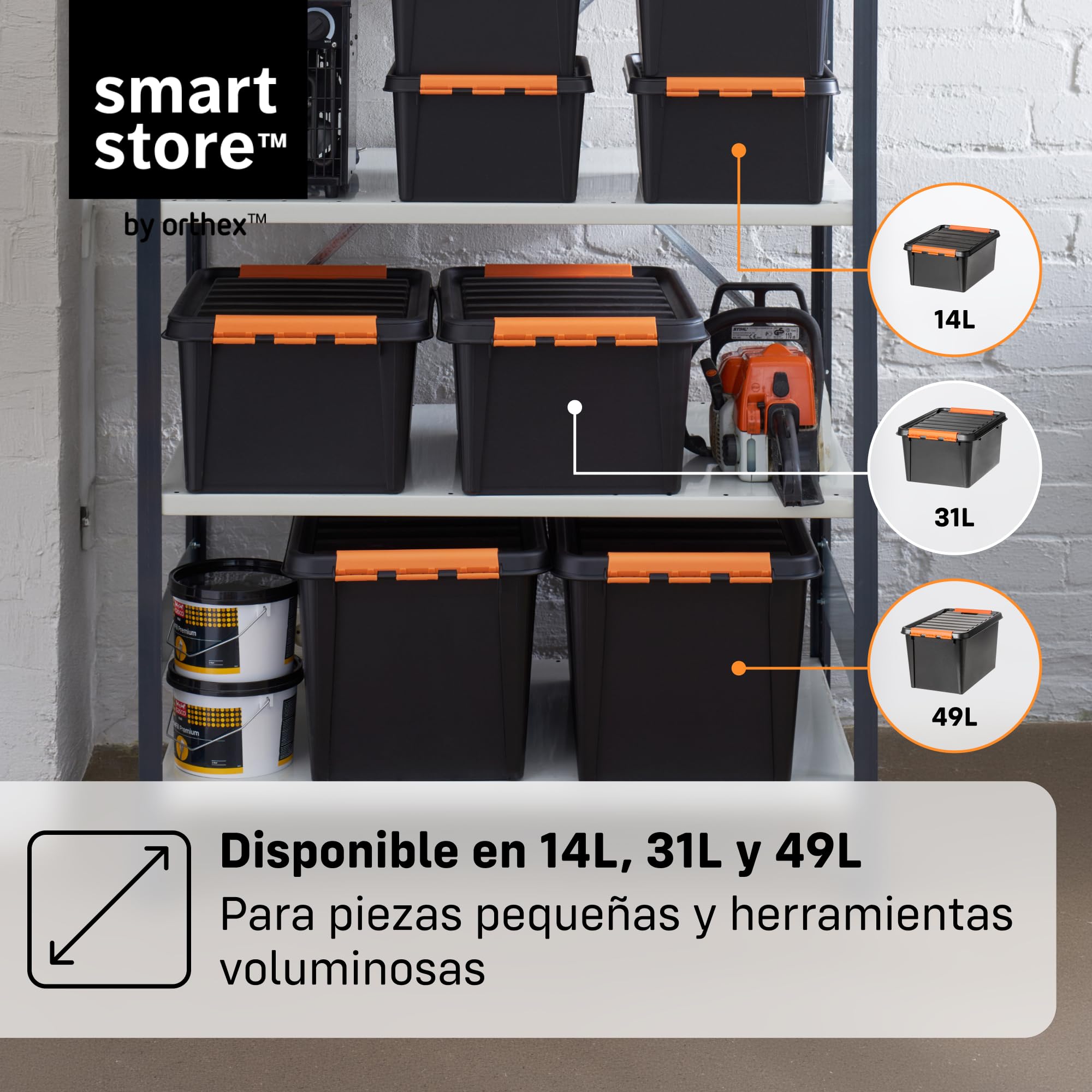 SmartStore Caja Almacenaje Resistente con Tapa I 49L I Pack 4 Cajas Apilables I Garaje Taller Mudanza I Cierre Clip I Made in Sweden I Negra I 59 x 39 x 34 cm