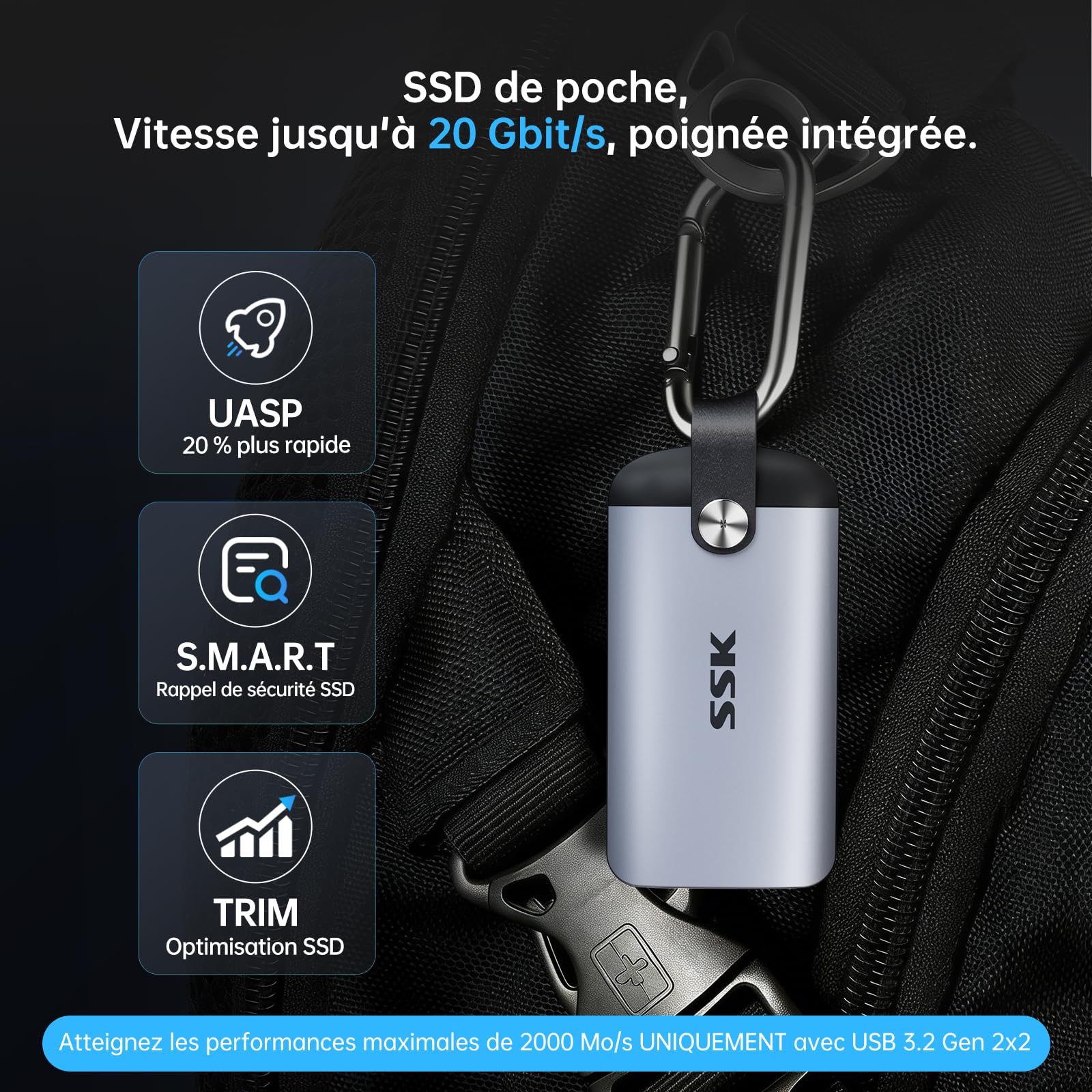 SSK SSD Externe 1To NVMe Portable, Vitesse Max 2000 Mo/s Seulement sur USB 3.2 Gen2x2, Disque-Dur externe-1to ssd, poignée Cuir, Disque SSD USB C pour iPhone 15, Android, Windows, Tablet, Mac,Xbox