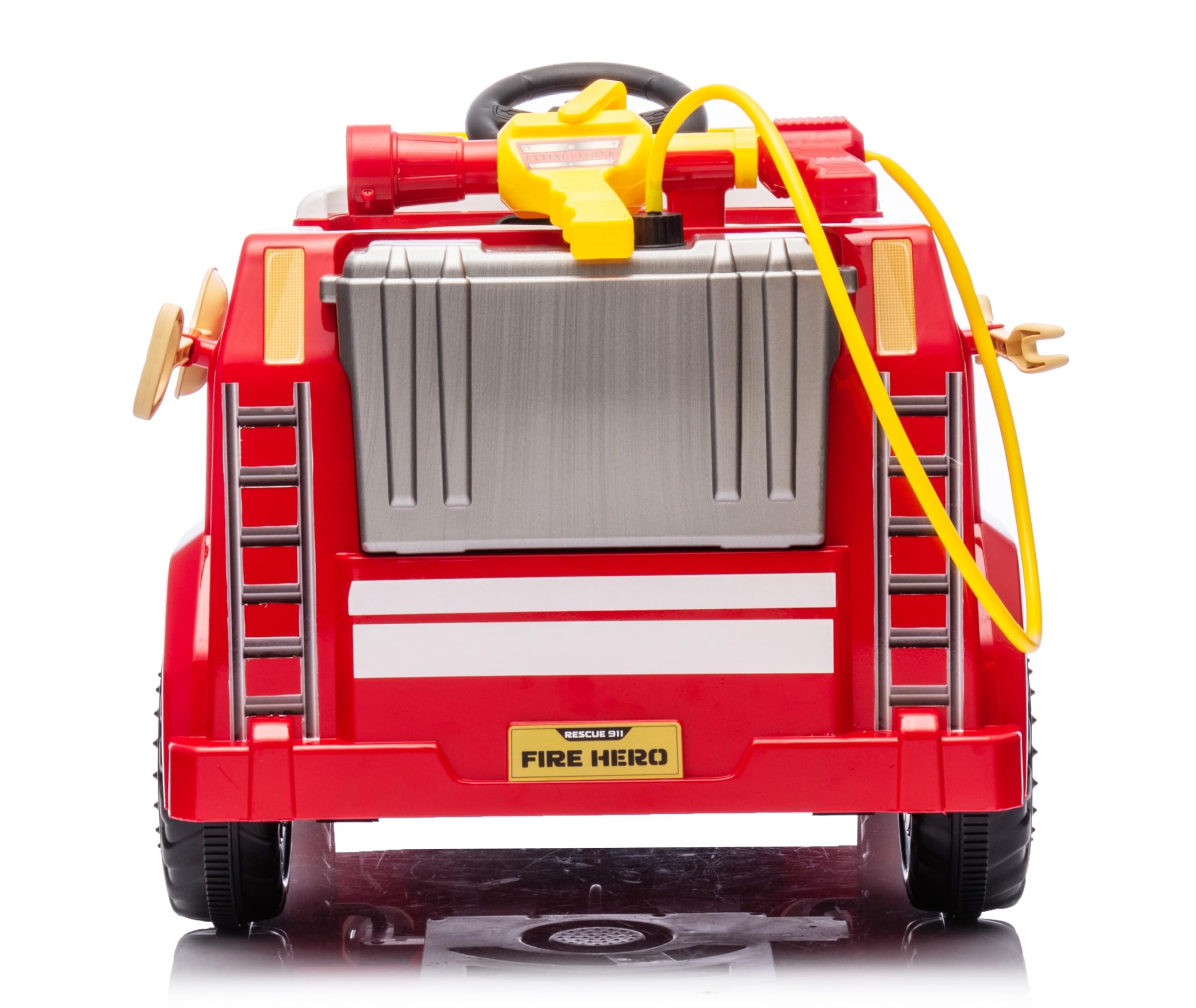 Camion Pompieri Cavalcabile Elettrico 12V per Bambini – Veicolo con Sirena, Luci Lampeggianti, Estintore ad Acqua, Microfono, Telecomando, Musica, LED, USB, Cintura di Sicurezza