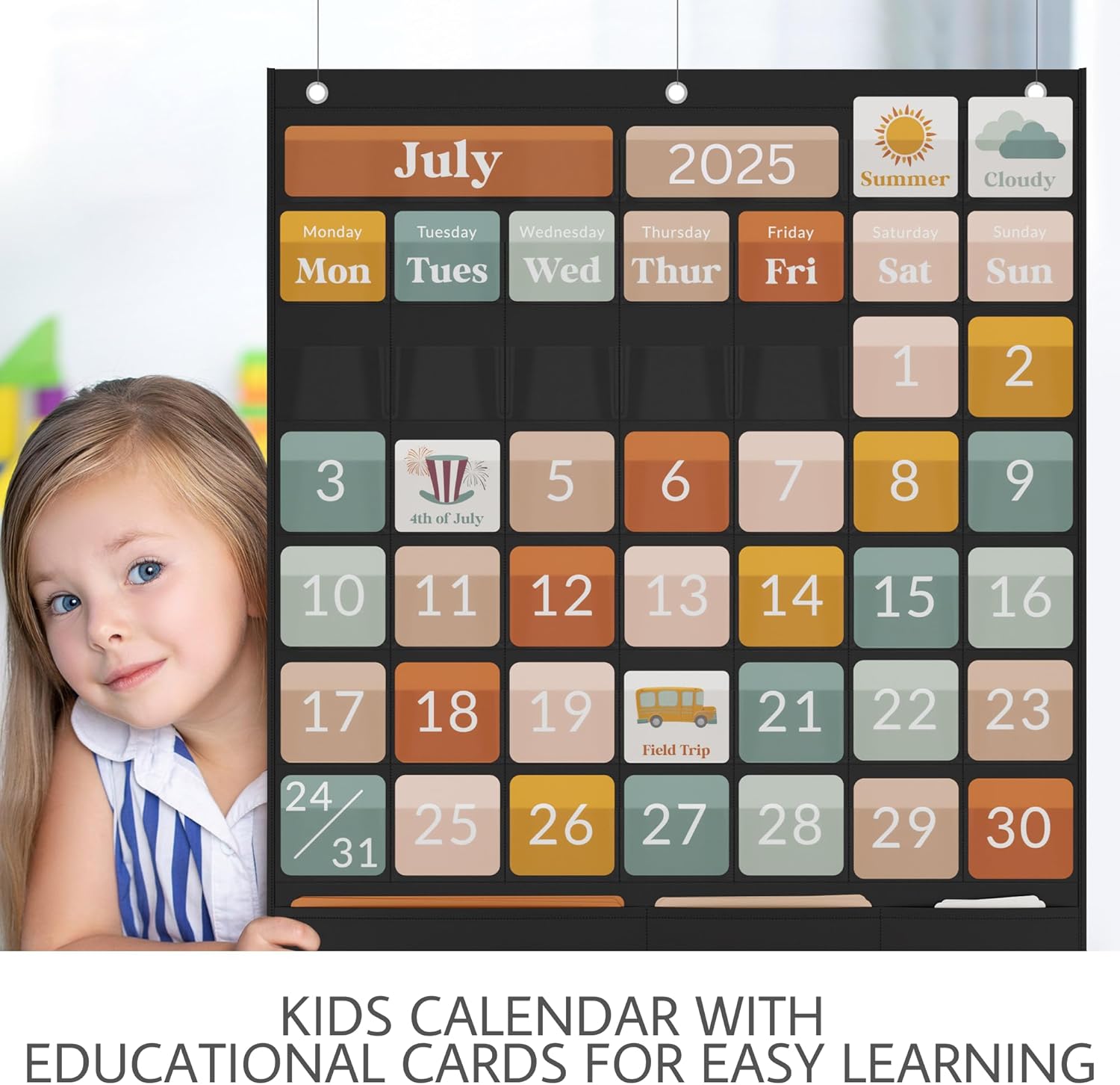The Ultimate Classroom Calendar Pocket Chart for Kids - Beautiful Calendar with Educational Cards for Easy Learning - Fun Boho Classroom/Teacher Must Have Supplies That Fits Nicely w/Any School Decor