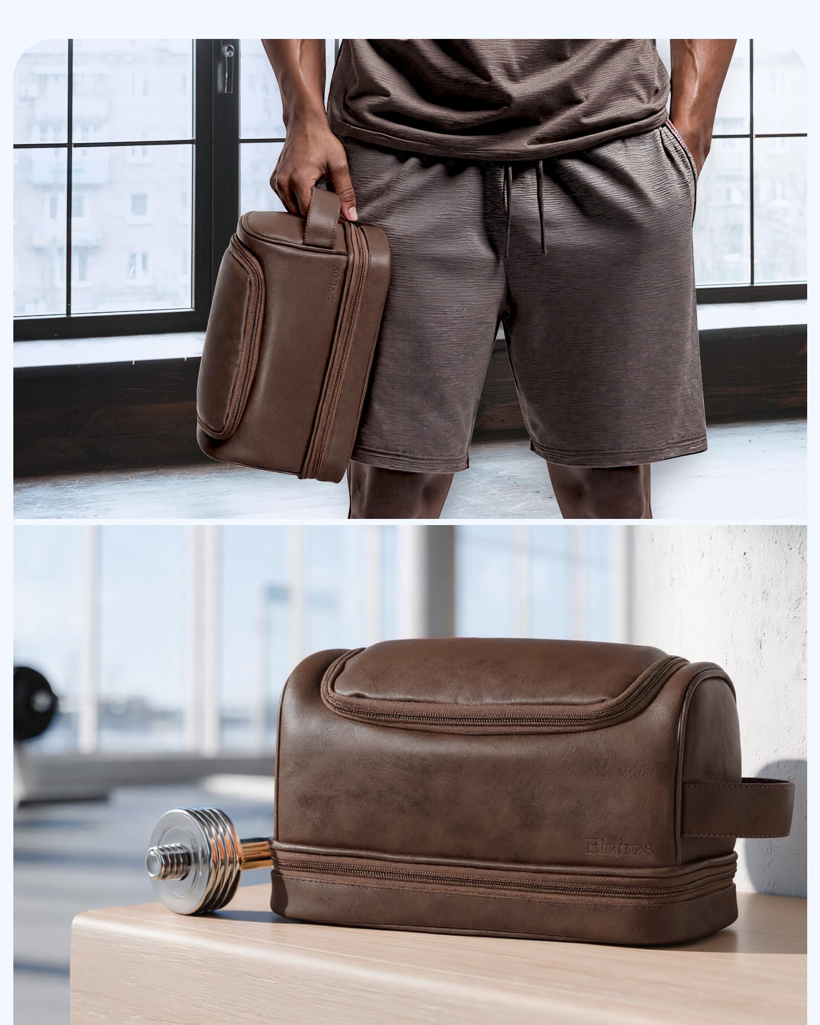 Elviros Beauty case da uomo in pelle PU, organizer da viaggio con gancio per appenderlo, grande borsa da toeletta resistente all'acqua (caffè)
