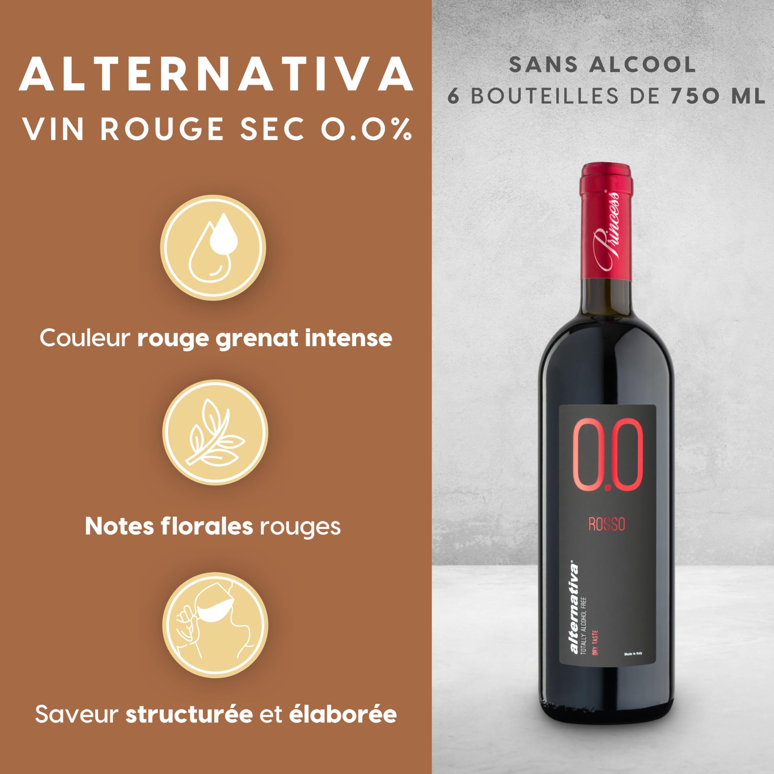 ALTERNATIVA Rouge Sans Alcool 0.0% - Pack de 6 Bouteilles de 750 ml - Vin Sec Italien Premium Désalcoolisé - Parfait pour les Célébrations et Cadeaux
