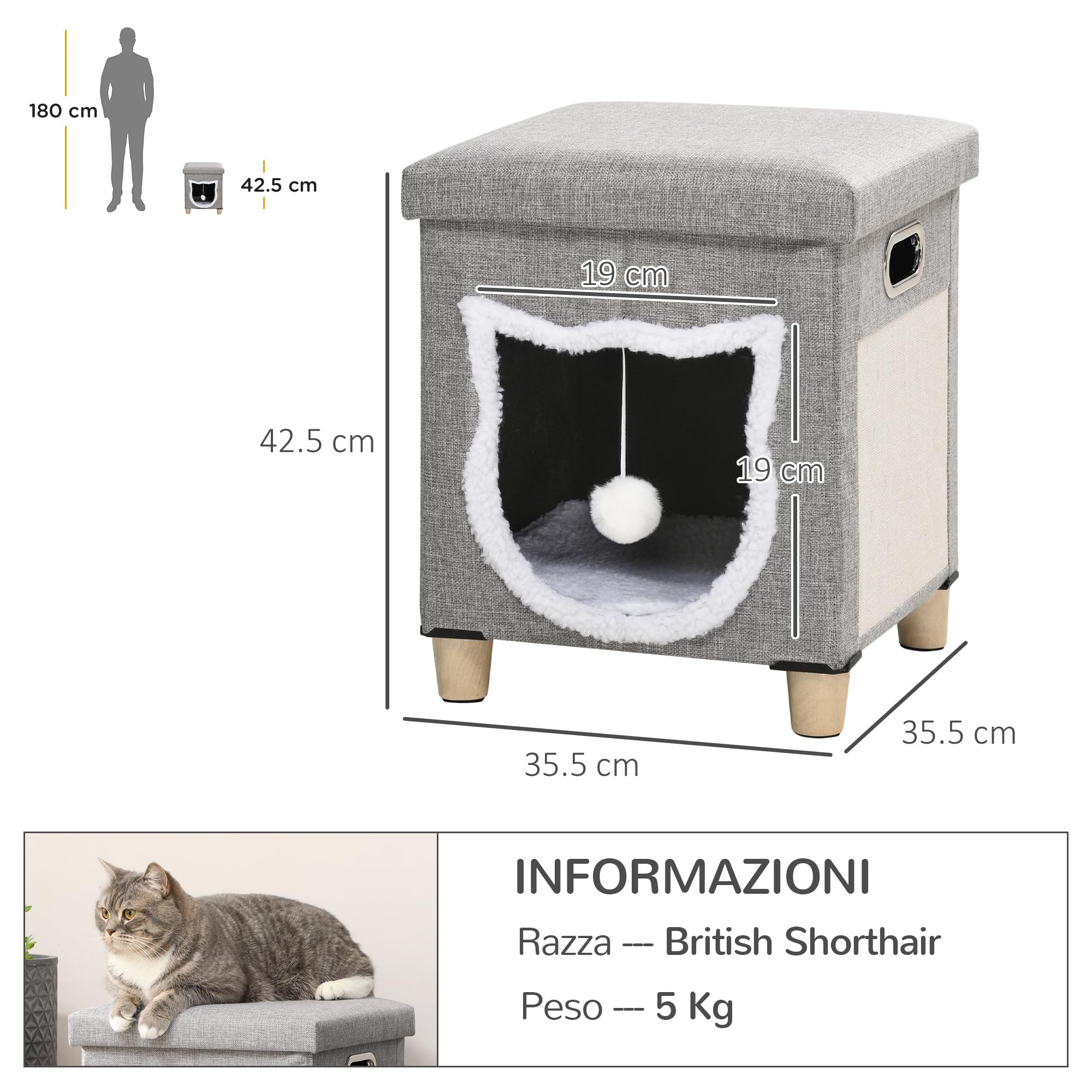 PawHut Casetta per Gatti con Tappetino Tiragraffi, Cuscino Lavabile e Pallina Giocattolo, Cuccia Gatti in MDF, Tessuto Effetto Lino, Peluche e Sisal, 35.5x35.5x42.5 cm, Crema e Grigio