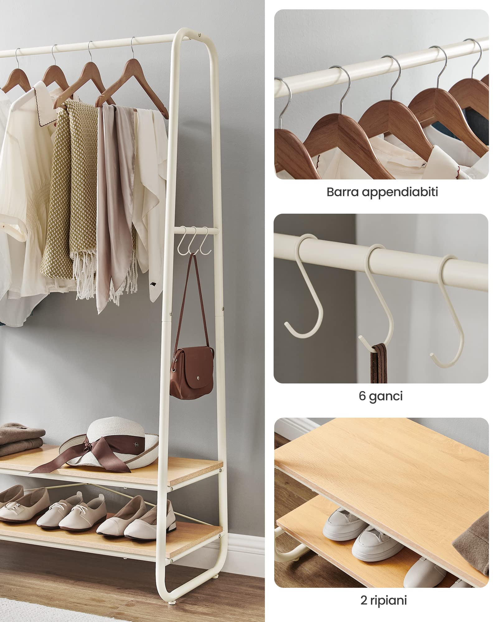 VASAGLE Stand Appendiabiti, Appendiabiti da Terra con 2 Ripiani, 6 Ganci Laterali a S, Struttura in Acciaio, 45 x 100 x 160 cm, Camera da Letto Corridoio, Rovere e Bianco Crema RGR112W09