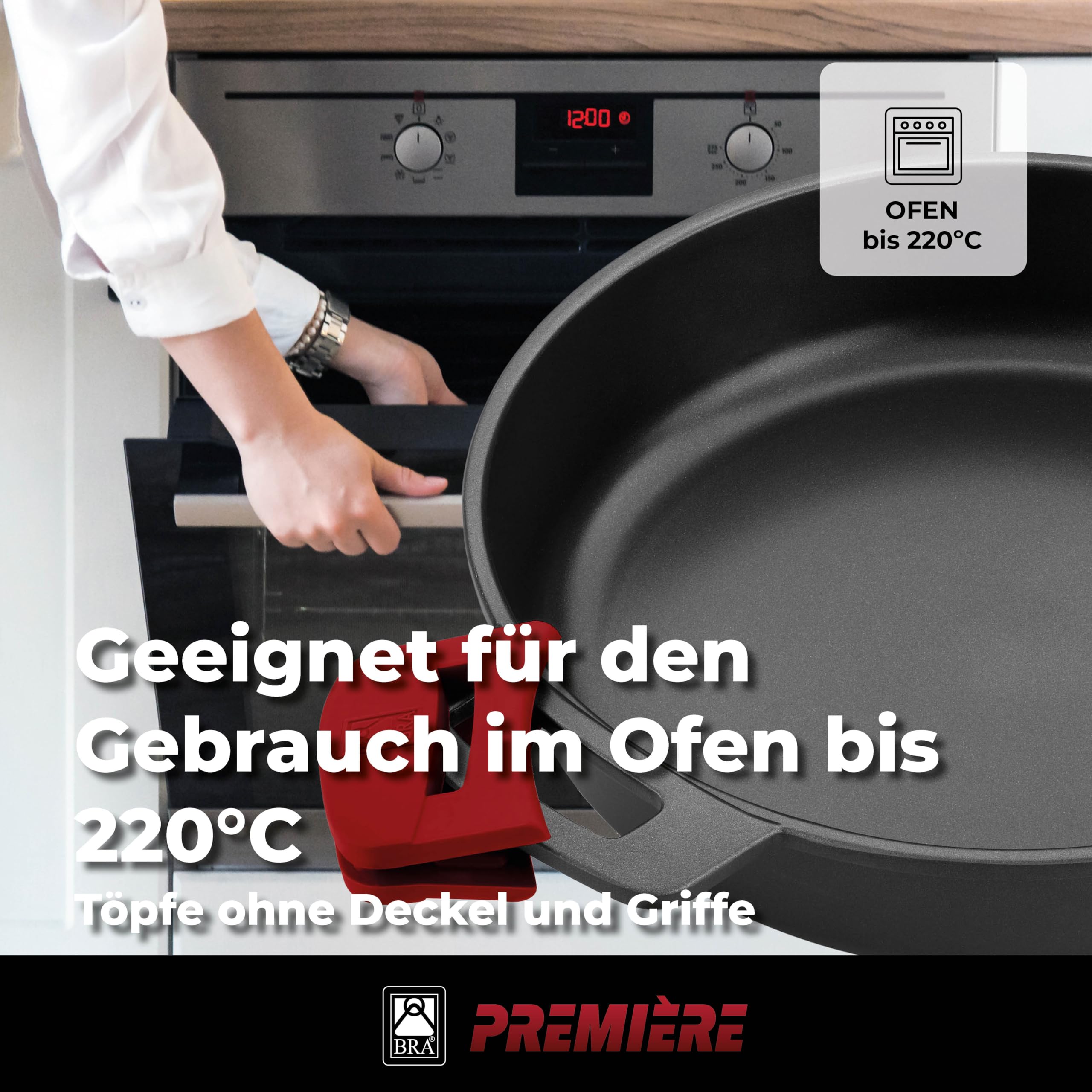 BRA Premiere | 7-teiligee Batterie, Aluminiumguss, Antihaftbeschichtung | Geeignet für alle Herdarten und Induktionsherde, PFOA-frei, Backofengeeignet, Abnehmbare Griffe