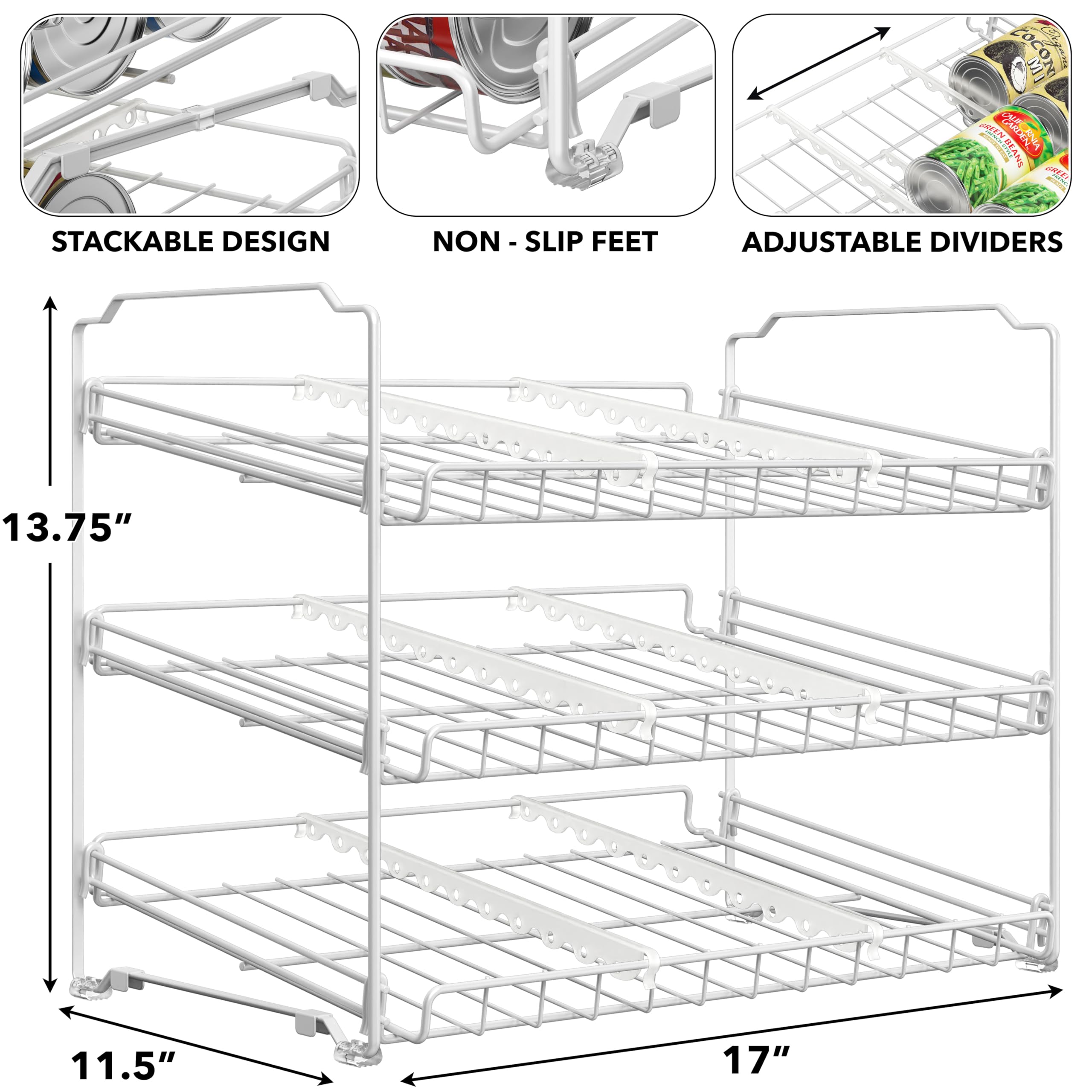 Simple Houseware Stapelbarer Dosenregal-Organizer, Weiß | Dosenspender für Speisekammer/Schrank, verstellbare Trennwände, 29,2 cm D x 43,2 cm B x 34,92 cm H