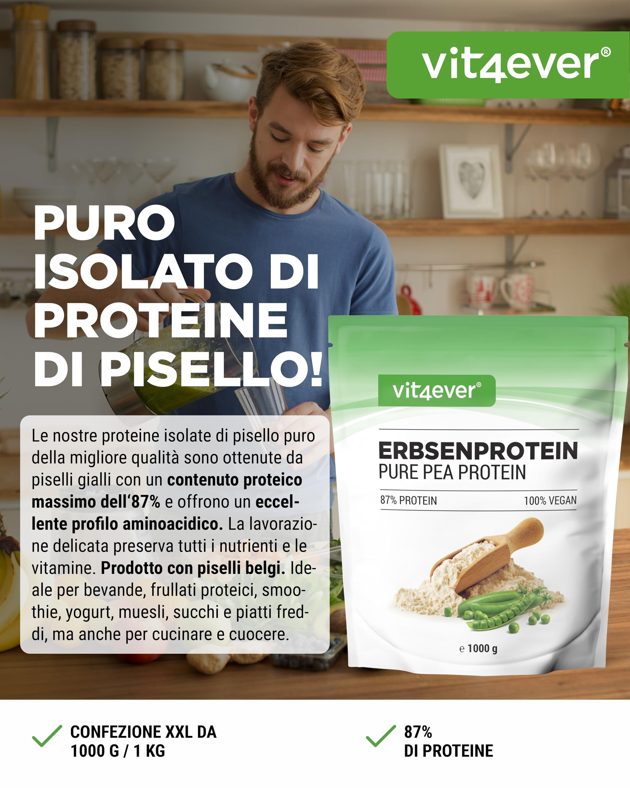 Proteine del Pisello in Polvere 1000 g (1 kg) - 87% Proteine - 100% Isolate (Pea Protein Powder) - Proteine Vegetali Vegane - Senza: Edulcoranti, Zucchero, Glutine, Soia, Lattosio - Origine Belgio