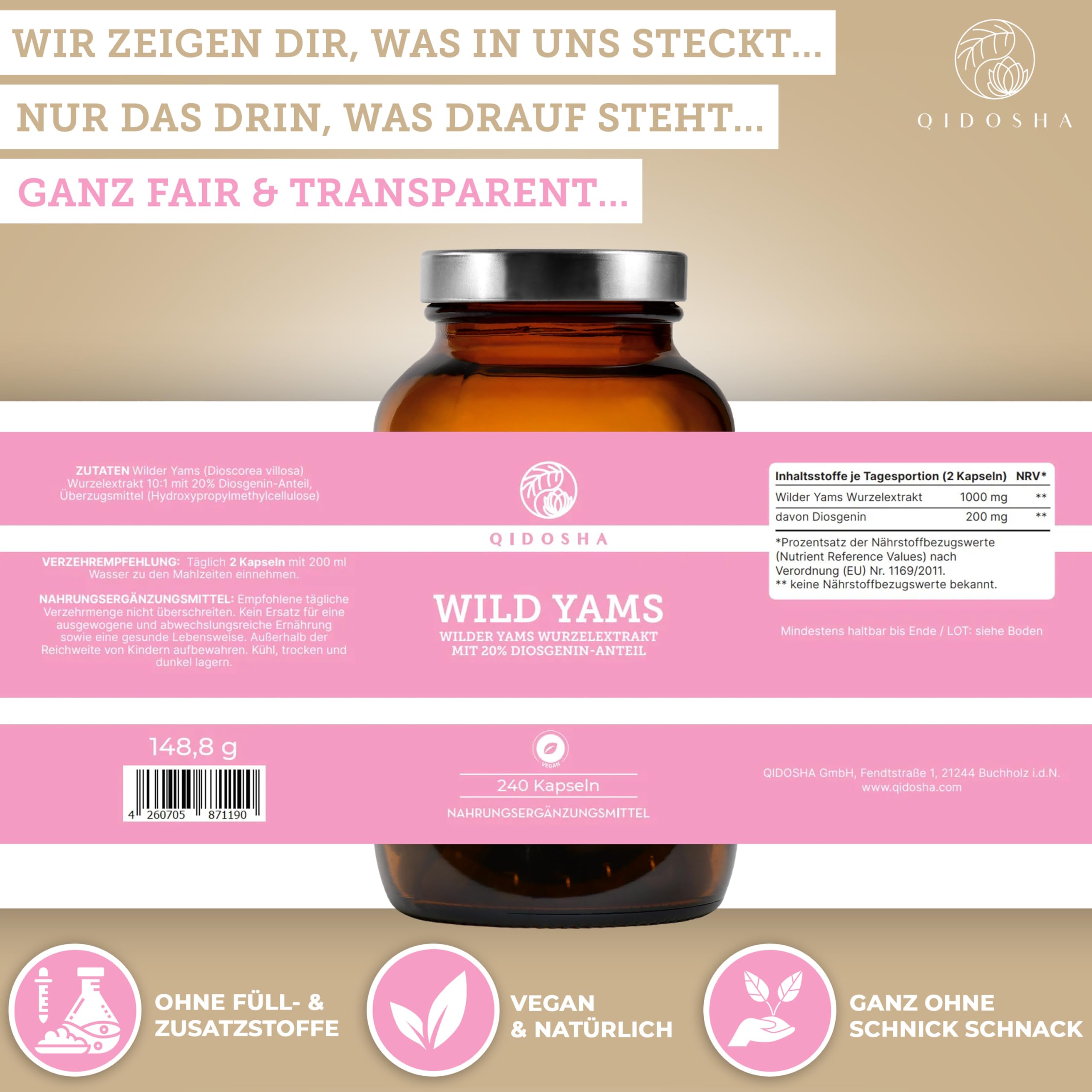 QIDOSHA® Wild Yams Wurzelextrakt, 240 Stk/Glas, 1000mg Wilder Yams Wurzelextrakt mit 200mg Diosgenin je Tagesportion, Mexikanischer Wild Yam Kapseln hochdosiert, vegan, in Deutschland gefertigt