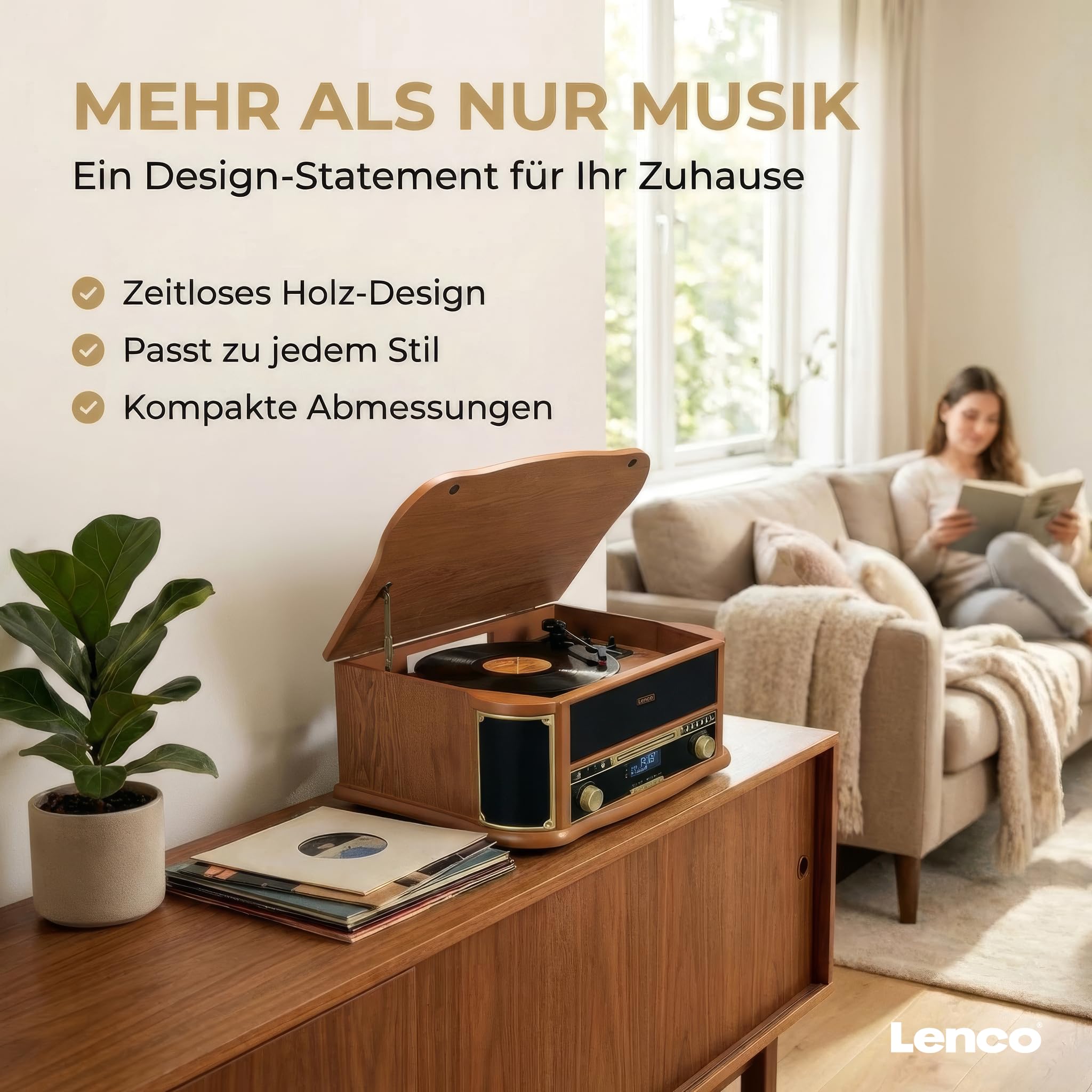 Lenco TCD-2571WD - Plattenspieler mit Lautsprecher & Bluetooth | TCD-2571 - Schallplattenspieler - Vinyl Player - 3 Gang (33/45/78 RPM) - CD-Spieler