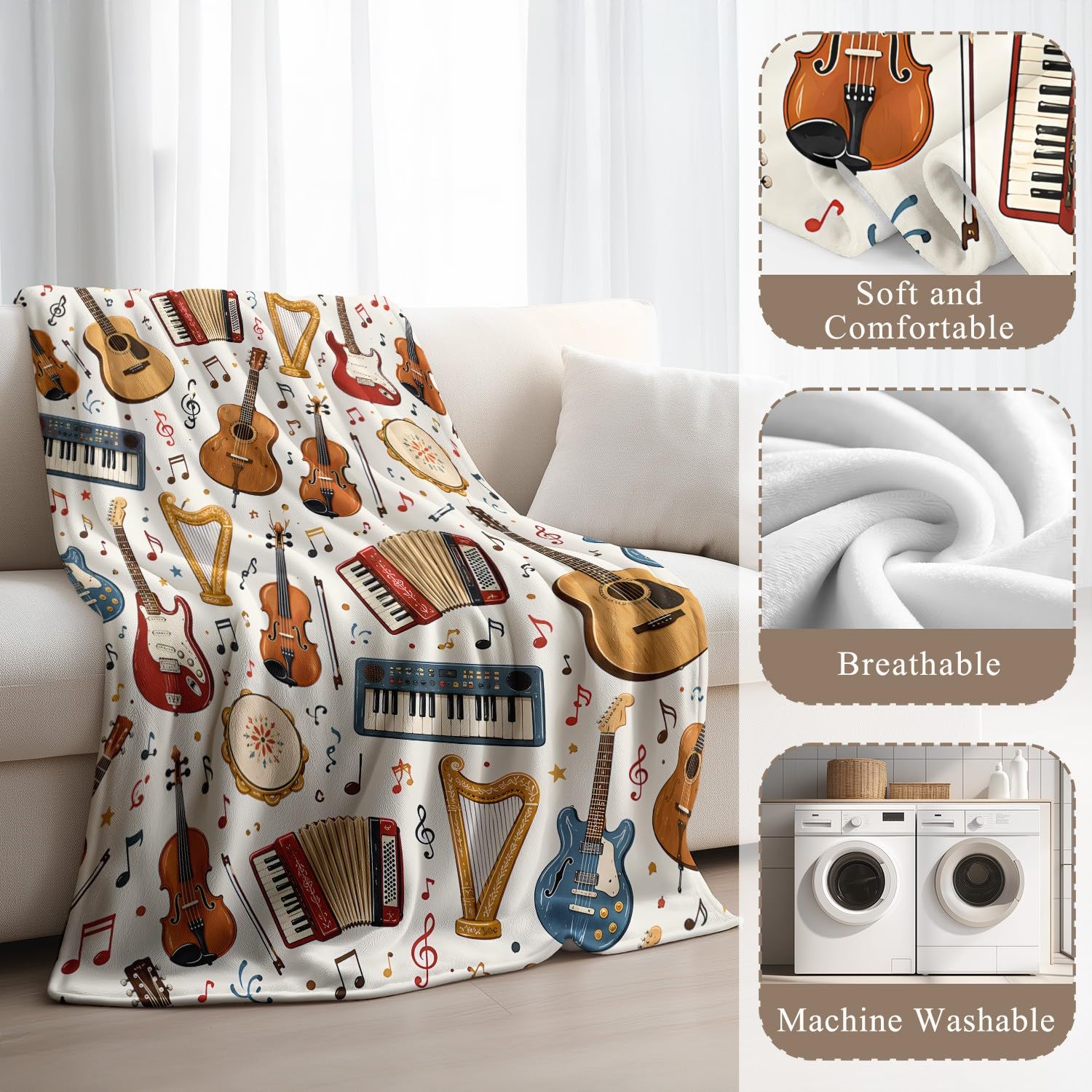 Genérico Música Manta Polar Manta 130 x 150 cm, Luz de franela de microfibra suave dinámica Instrumento nota musical, Beige, Regalo para padres y niños