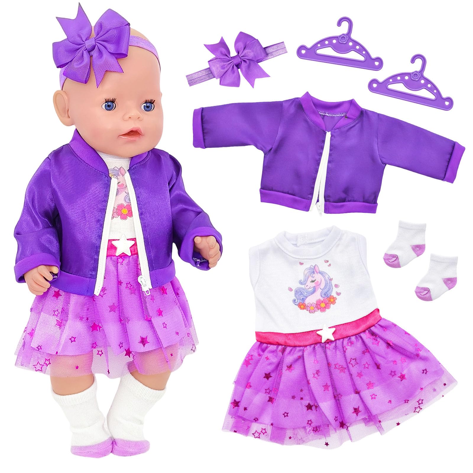 – 7Pcs Baby Doll Clothes for 14-18 Inch Doll, 35–45cm Doll Outfit with Purple Pony Zip Jacket, Vest Dress, Bow Headband, Socks & Hangers, Cute Doll Accessories (No Doll)