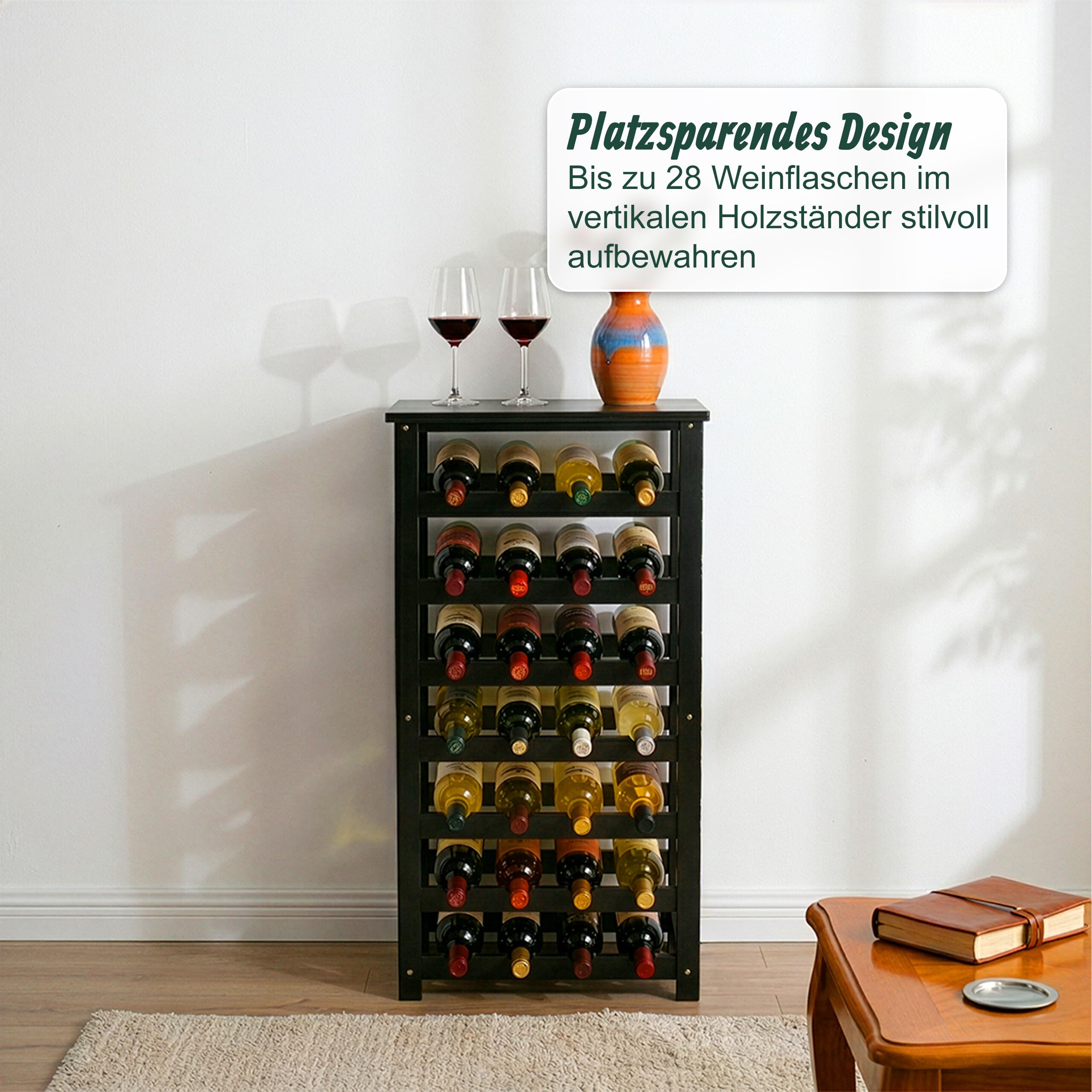 Relaxdays Weinregal, 28 Flaschen, Walnussholz, HBT 94x47x26 cm, Weinhalter für Rot- & Weißwein, Flaschenregal, schwarz