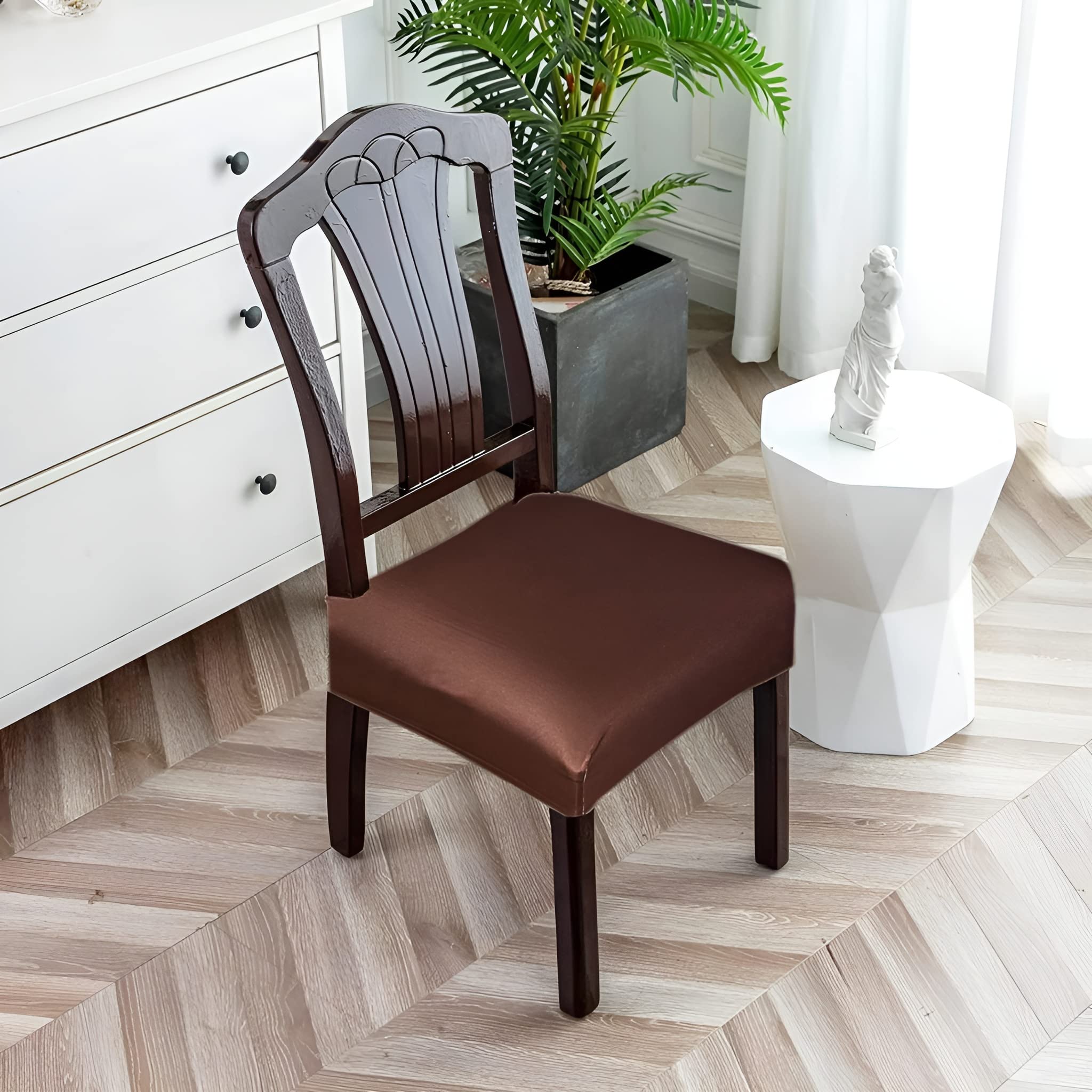FABANE Universal Size Dining Chair Seat Cover Set of 6 Seater pcs are Easily Washable Strechable and Comfortable for Dining Room (6 Seat Cover, Solid Brown)-image-38