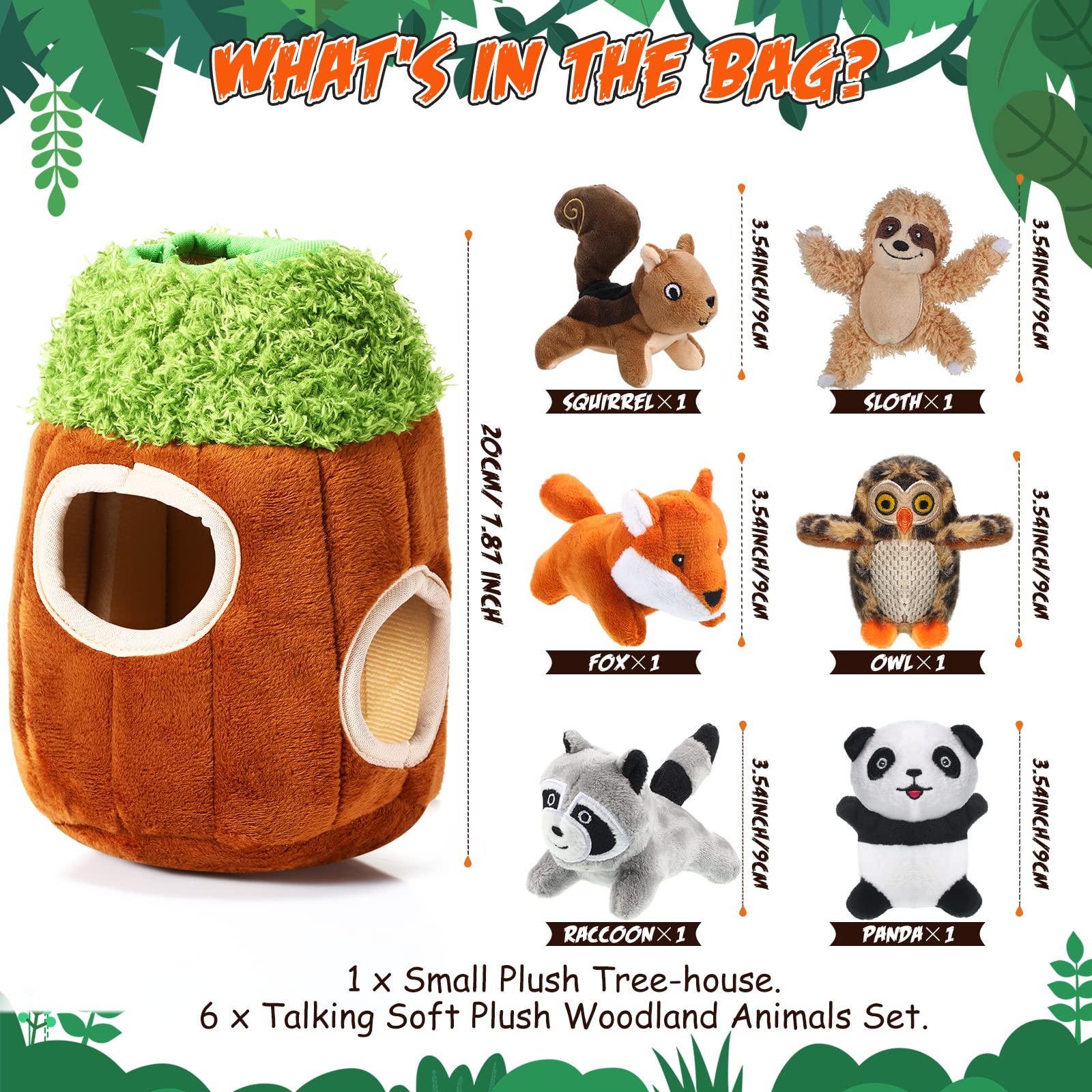 Lot de 7 jouets couineurs pour chien - Jouet à mâcher en peluche - Amis de la forêt - Couineurs pour chiens de petite et moyenne taille - Mignon, taille S