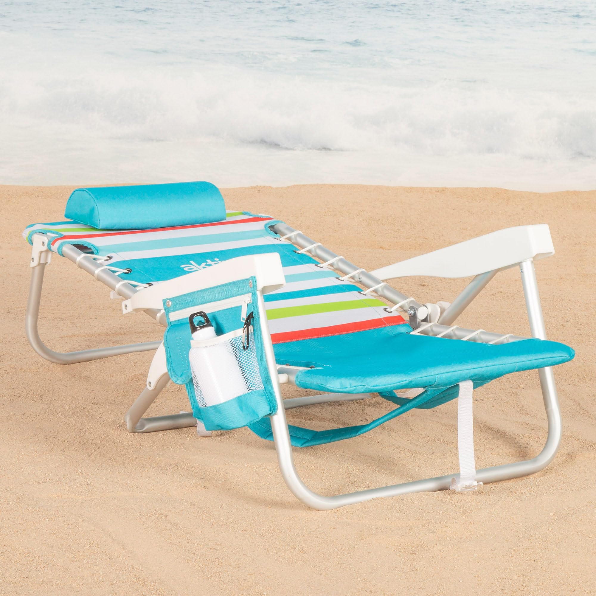 AKTIVE Silla de Playa Plegable, Multicolor, 50x53x77 cm, 5 Posiciones, Aluminio y poliéster, Soporta 110 kg, Bolsillo Lateral y Trasero, Nevera Trasera, Cojín, Transporte Mochila (62544)