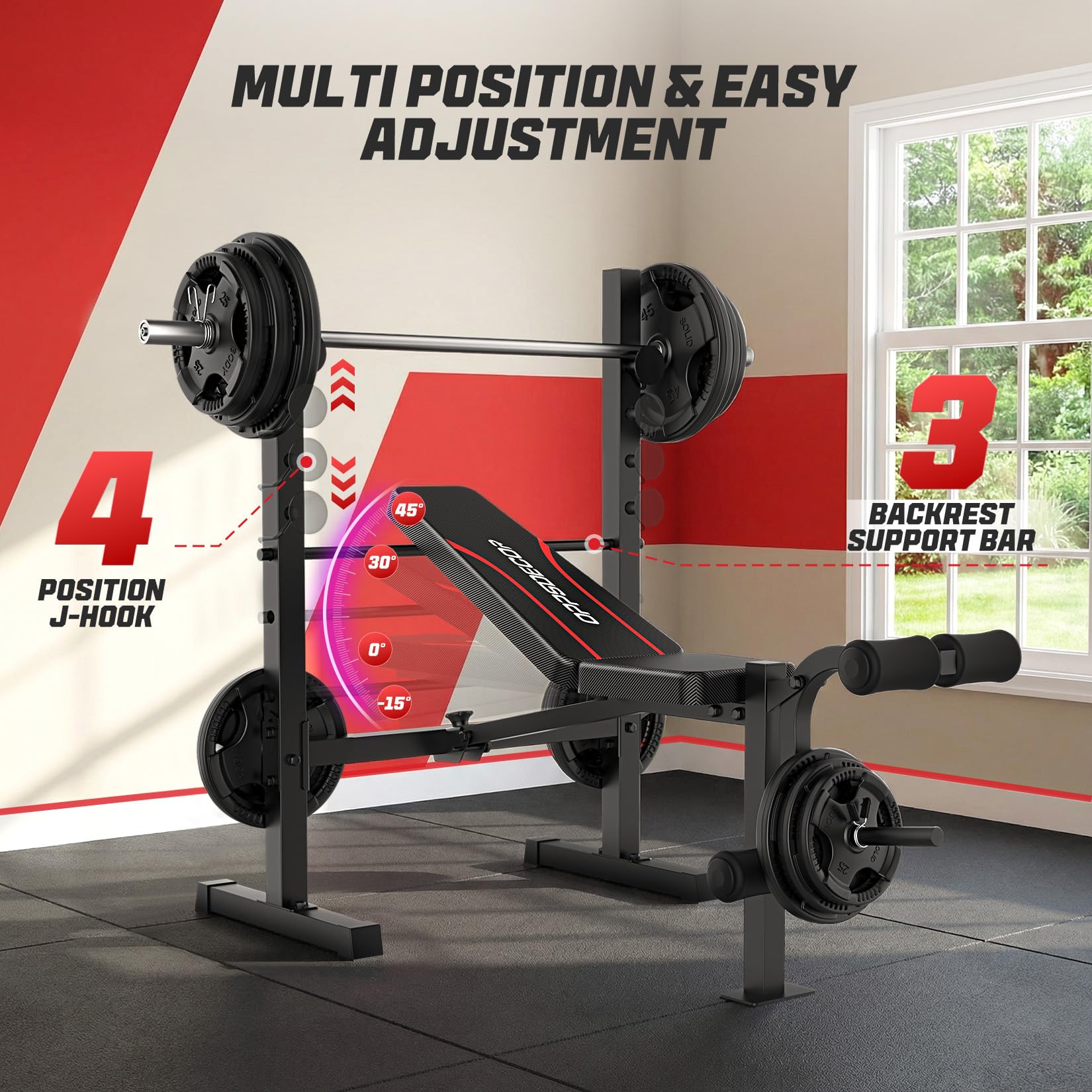 Weight Bench Set, Multi-Function Adjustable Bench Press with Squat Rack Leg Extension & Leg Curl Workout Bench Foldable Workout Bench Flat/Incline/Decline Upgrade Weight Benches for Home Gym