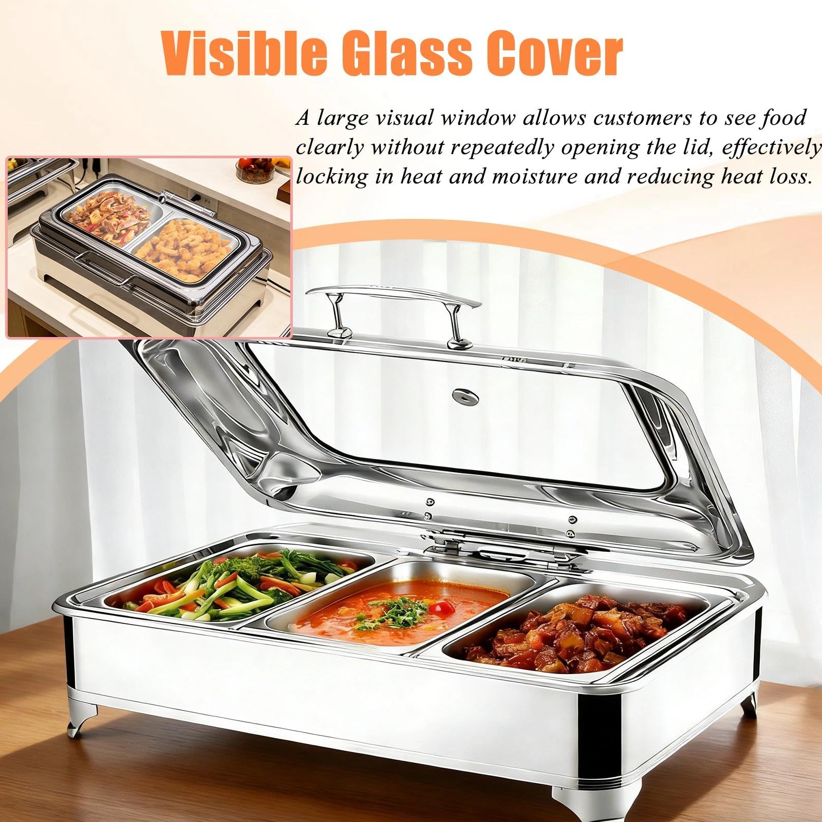 Chafing Dish Elettrico, 9L Scaldavivande Elettrico in Acciaio Inossidabile con Regolazione della Temperatura e Finestra Vetrata, Professionale Chafing Dish per Buffet, Ristorante(1/3)