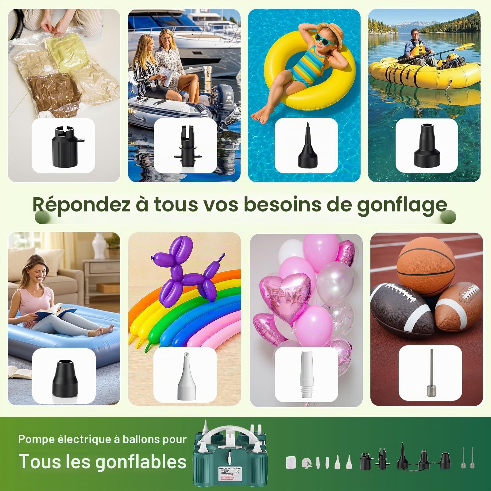 PlusFive Pompe à Ballons Électrique 4-en-1, Pompe à Air Multifonctionnelle à Double Moteur, Gonfleur Rapide & Dégonfleur pour Ballons Latex/Aluminium/260q,Balles Sportives,Matelas Gonflables,Piscines