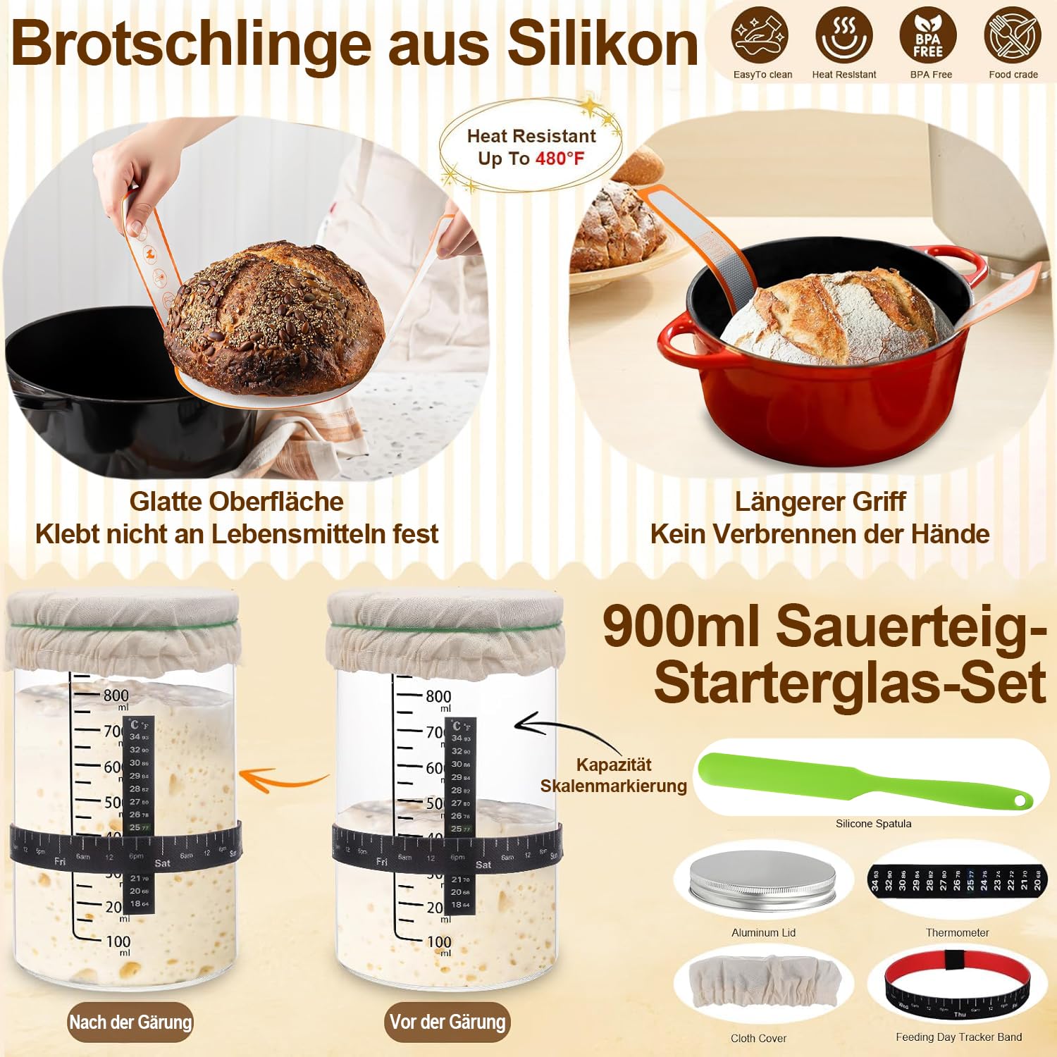21-Teiliges Sauerteig Starter Set mit 2 Gärkörbchen (23cm Runde & 25cm Ovale), 900ml Glasgefäß zur Sauerteiggärung, Komplettes Brot Backen Zubehör für Einsteiger & Erfahrener Bäcker
