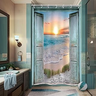 Riyidecor Small Stall Ocean Beach Shower Curtain for Bathroom Decor 48Wx72H Teal Barn Door Hawaiian Sunset Scenery Sea Wave Rustic Wooden Art Printed Fabric Polyester Waterproof 8 Pack Plastic Hooks
