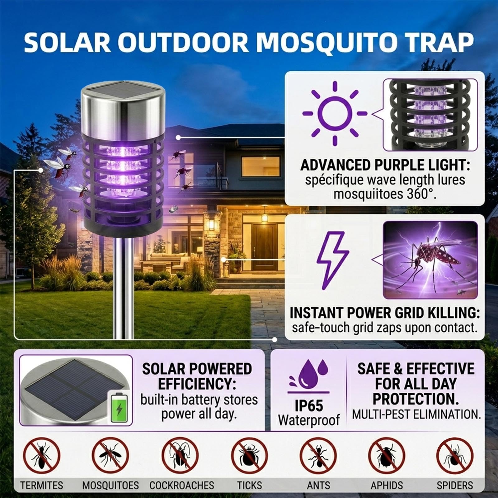 2026 - Paquete de 4 matamosquitos solares para exteriores, repelente de mosquitos para patio, trampa para mosquitos al aire libre utilizada para repeler mosquitos pequeños insectos voladores