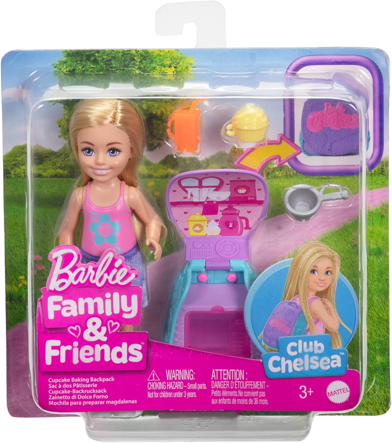 Barbie Family & Friends Cupcake Baking Backpack Blonde Chelsea Doll, Wearable Backpack with Baking Play Pieces
