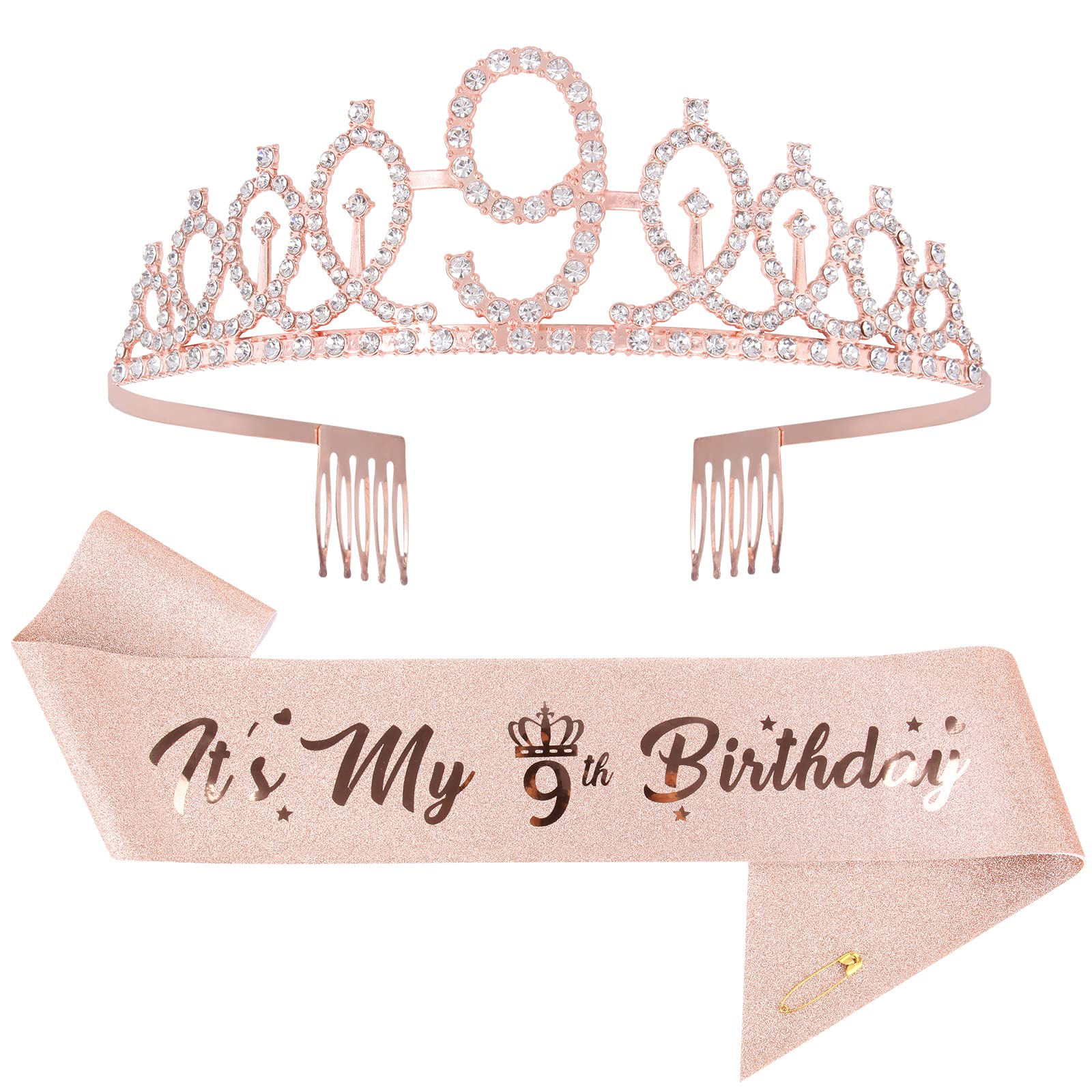 Mikccer Rose Gold 9th Birthday Sash and Tiara - Rhinestone Crown Headband for Girls' Birthday Gifts, Decoration Party Accessories