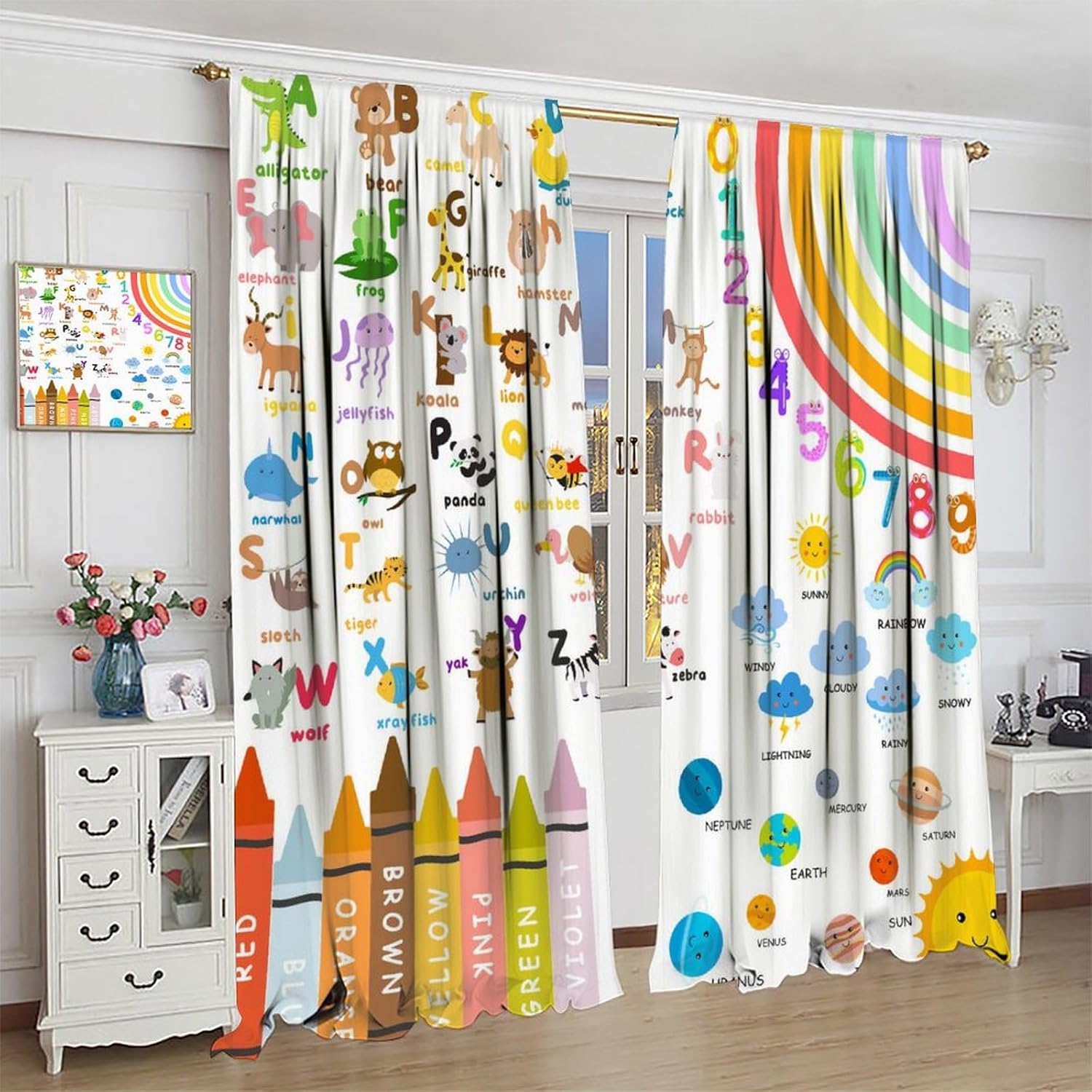 Alphabets ABC Blackout Curtains for Kids,Education Learning Rainbow Crayons Alphabet Colors Animals Numbers Galaxies Window Drapes Print for Boys Girls Nursery Children Toddler Bedroom 52x84in