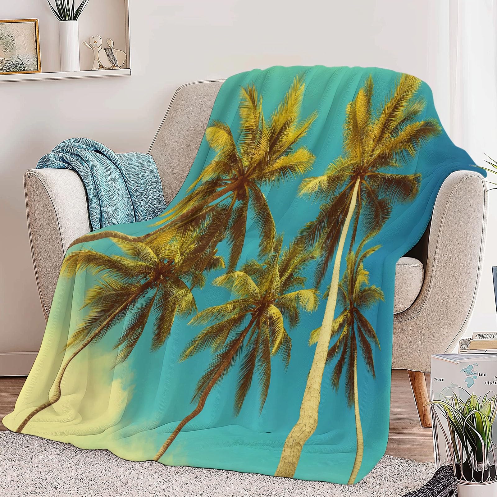 Coperta Plaid Pile in Flanella 180x220 cm Coperta Pile Piccola Palme Tropicali D'Epoca, Morbida Soffice Calda Coperte per Divano Singolo Matrimoniale Letto Blu-Verde