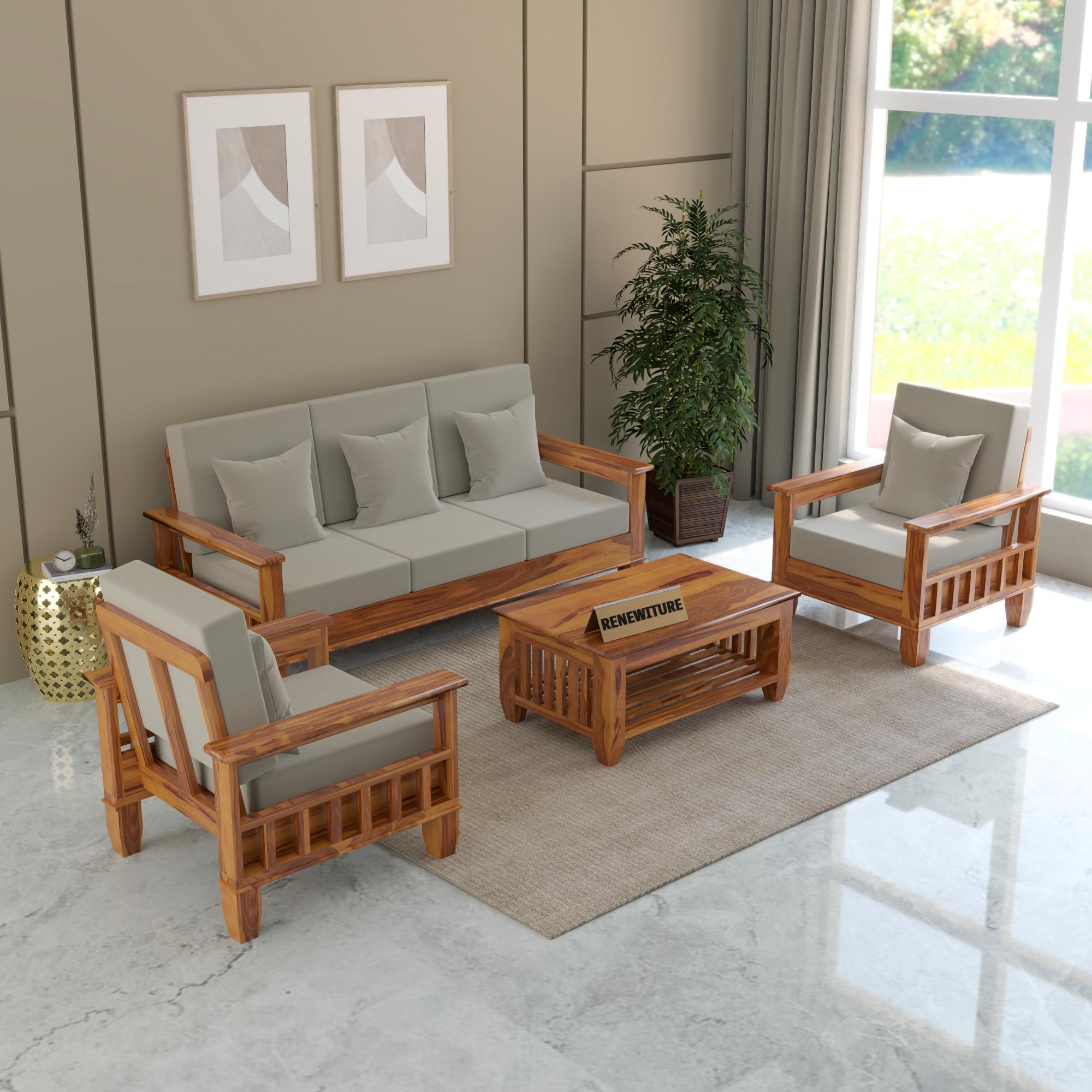 RENEWITURE Solid Sheesham Wood 5 Seater Sofa Set with Cushions for Living Room 3+1+1 Sofa Without Center Table (Honey Finish)-image-11