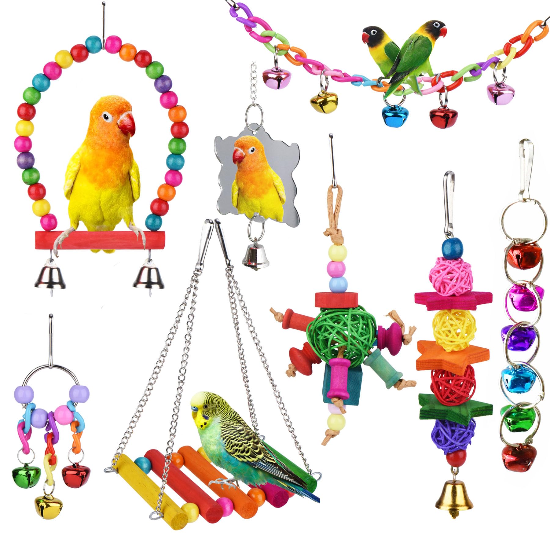 ESRISE 8 Pcs Parakeet Cockatiel Bird Toys, Hanging Bell Pet Bird Cage Hammock Swing Toy Wooden Perch Chewing Toy for Budgerigar, Conures, Love Birds, Finches, Mynah