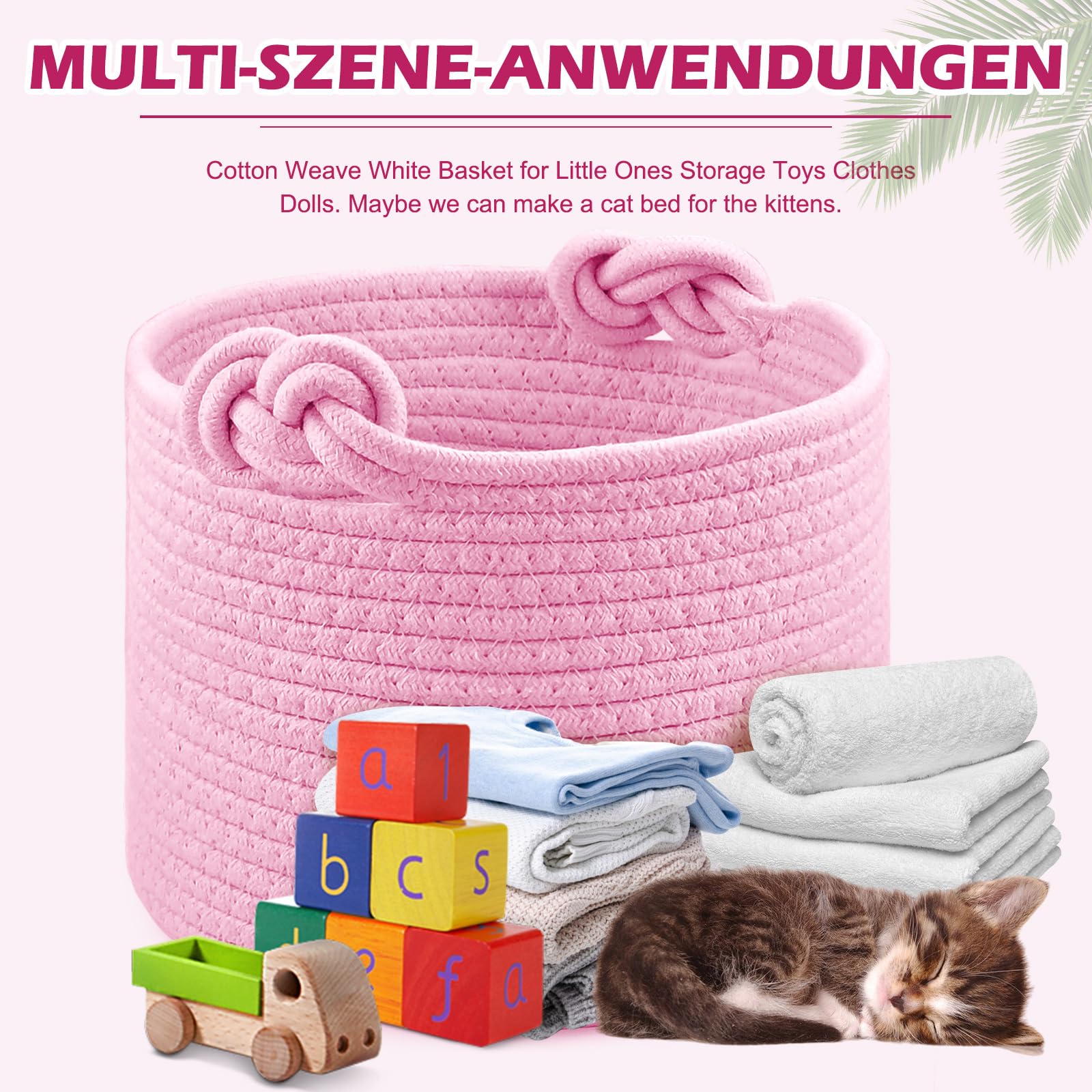 Katoenen touw, opbergmand met handvat, organisatiemanden, kleine speelgoedmanden voor slaapkamer, badkamer, 24 × 18 cm (wit