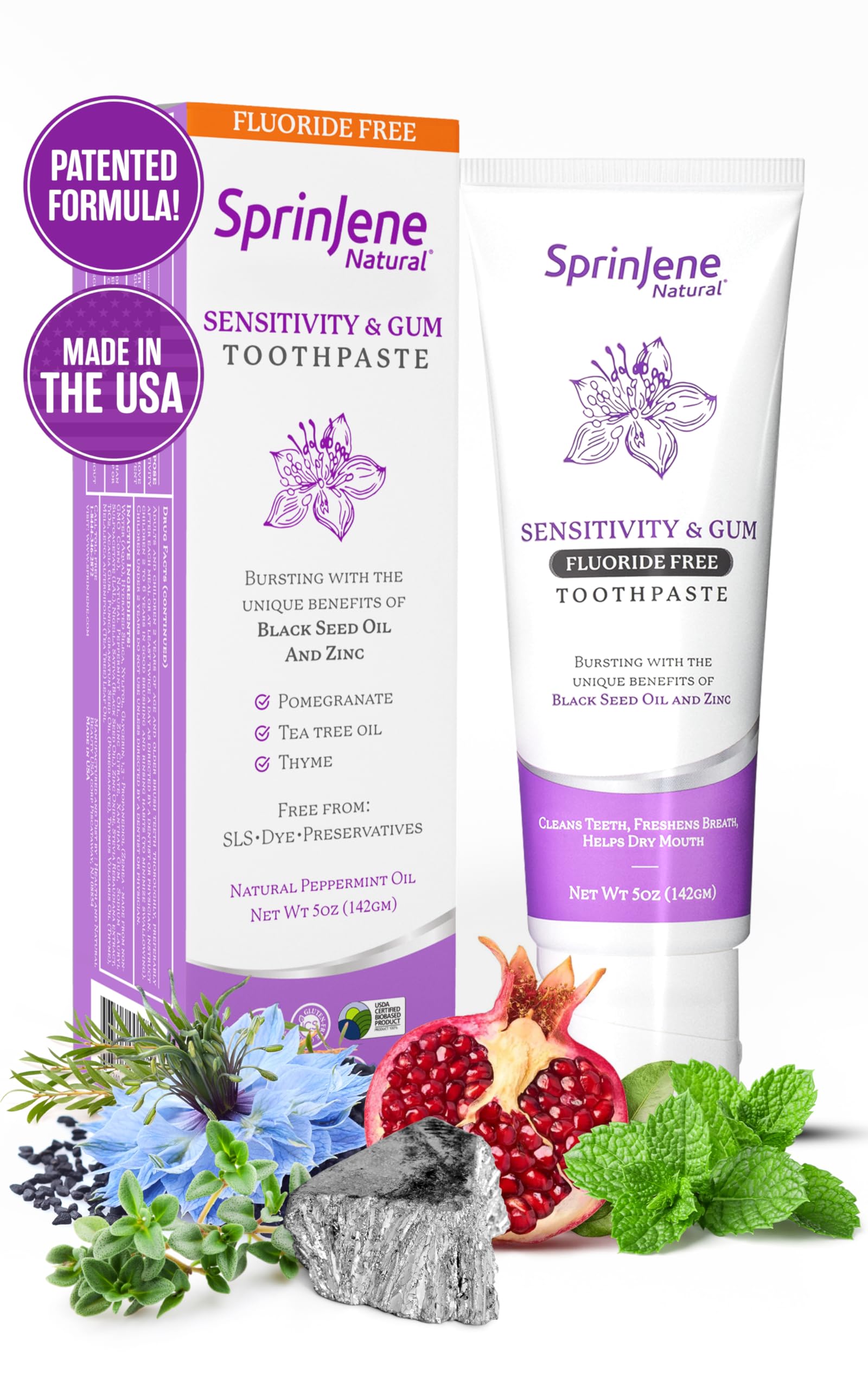 SprinJeneNatural Fluoride Free Toothpaste for Sensitive Teeth & Gums – Patented Toothpaste with Black Seed Oil & Zinc – Vegan Dry Mouth Prevention for Fresh Breath – Made in The USA (1 Pack)