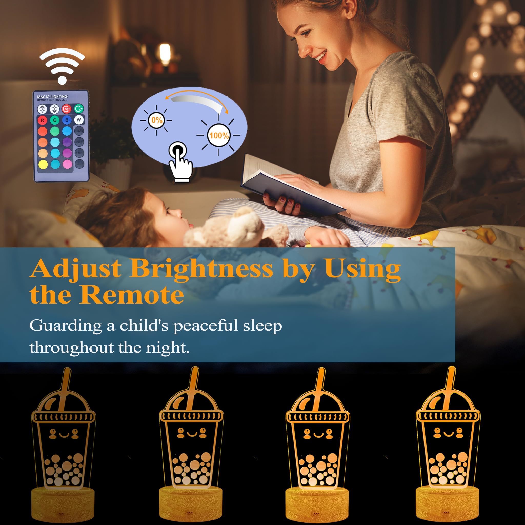 POSSHE Boba Lamp, Boba Gifts, Boba 3D Night Light with Remote Control, 16 Color Changing, RGB Flicker Mode, Dimmable - Image 3