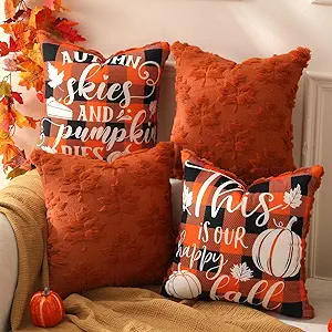TOYPOPOR Fall Decorations 2 Packs Double Sided Throw Pillow Covers Rust Red Soft Faux Fur Maple Leaf Pillow Case Autumn Harvest Thanksgiving Indoor Outdoor Home Decor for Living Room Porch Couch 20x20