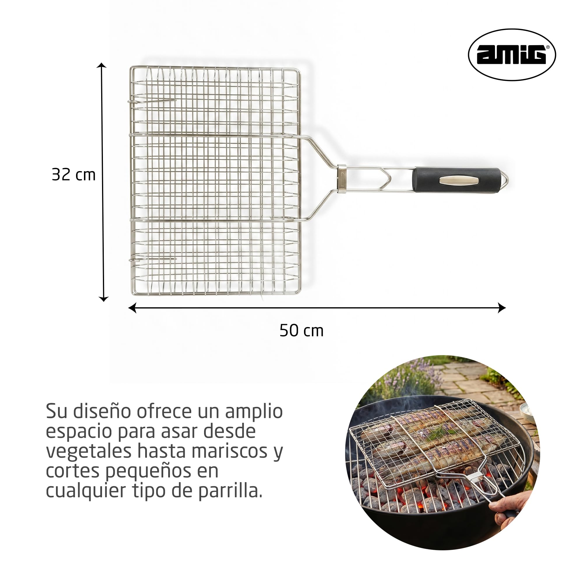 Amig - Griglia Doppia per Barbecue - 50 x 32 cm - Acciaio Inossidabile - Griglia BBQ per Carne e Verdure - MOD. AM34