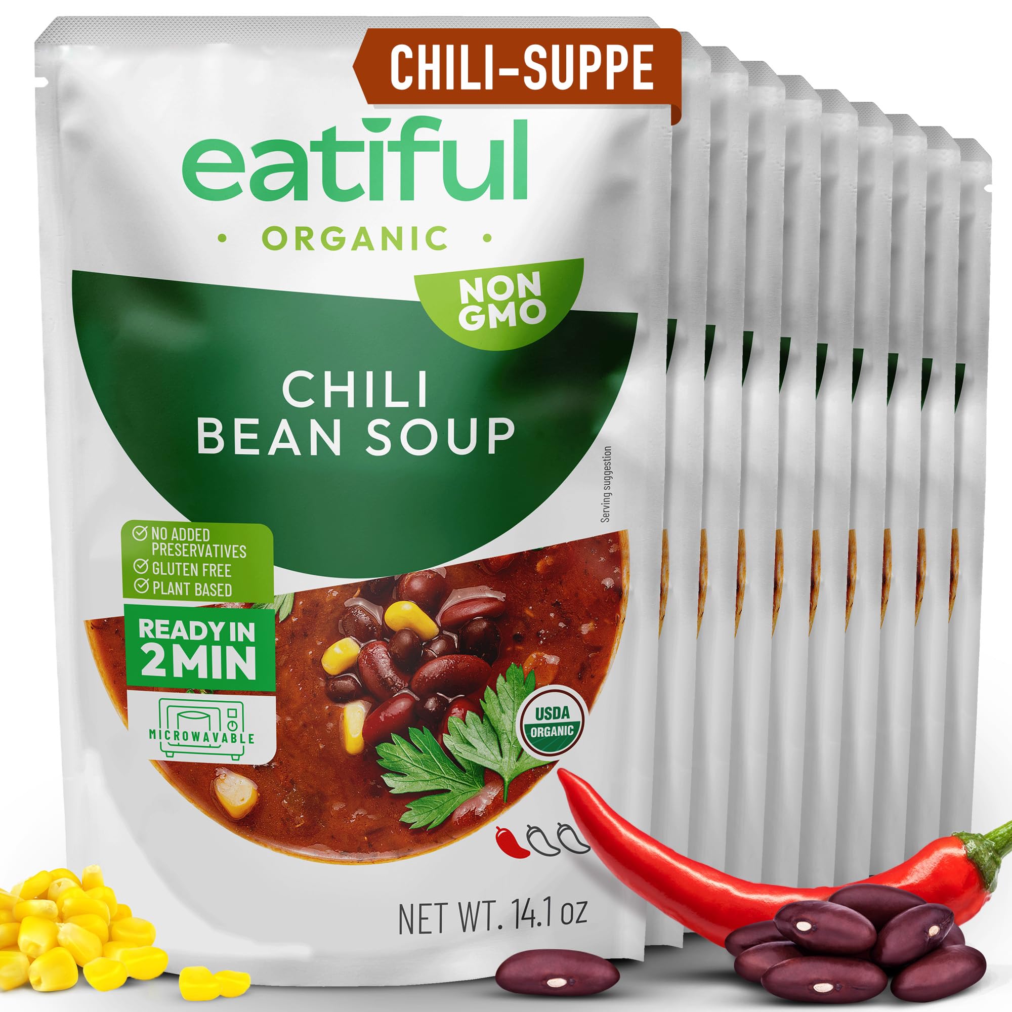 EATIFUL Chili-Suppe, Verzehrfertige Vegane Chili-Bohnensuppe, Hergestellt Aus Biologischem Gemüse, Pflanzlich, Glutenfrei, Ohne Gentechnik, 400g (Packung mit 10 Stück)
