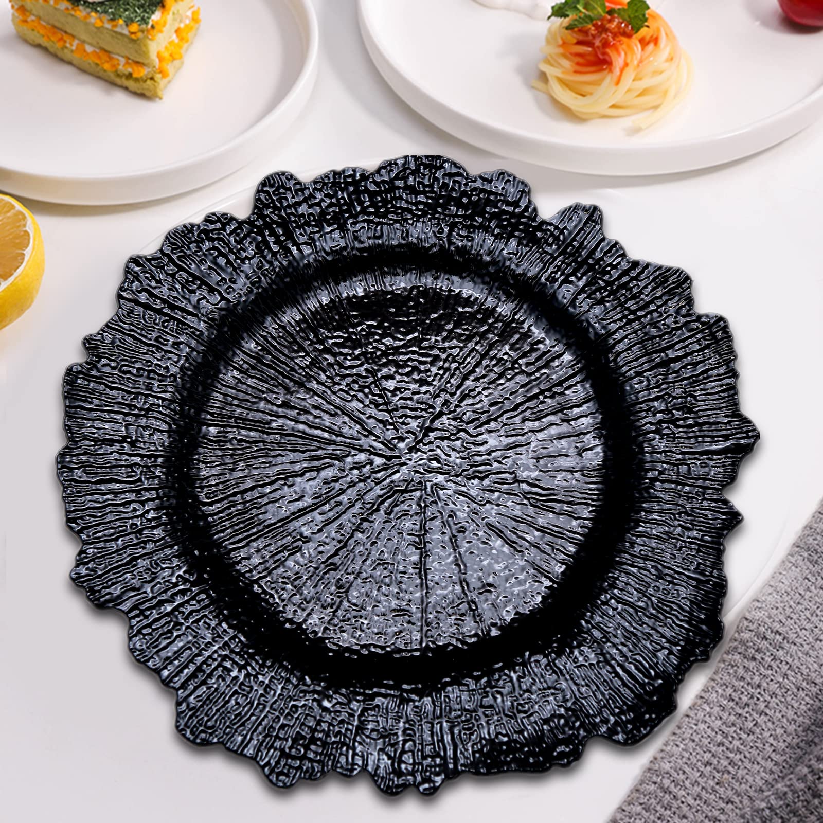 DaCakeWS Black Reef Charger Plates 10PCS, 13inch Plastic Floral Charger Plates Wedding for Dinner,Wedding,Party,Event,Decoration (Reef Black 10)
