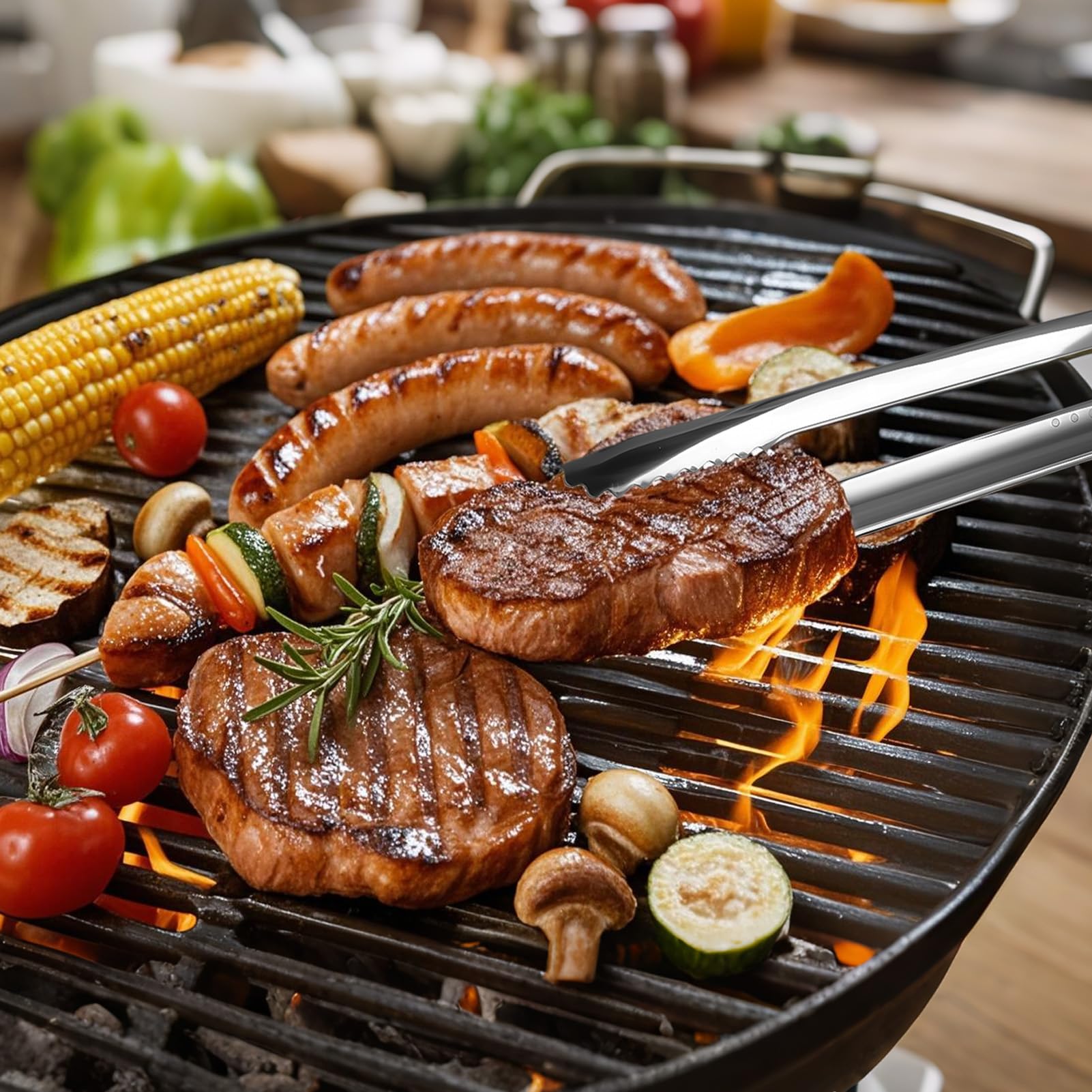 Zestaw 2 szczypiec do grilla ze stali nierdzewnej – antypoślizgowe szczypce do grillowania 23,5 cm i 28,5 cm do koreańskiego grilla, sałatki, bufetu, kempingu i gotowania, odporne na wysokie