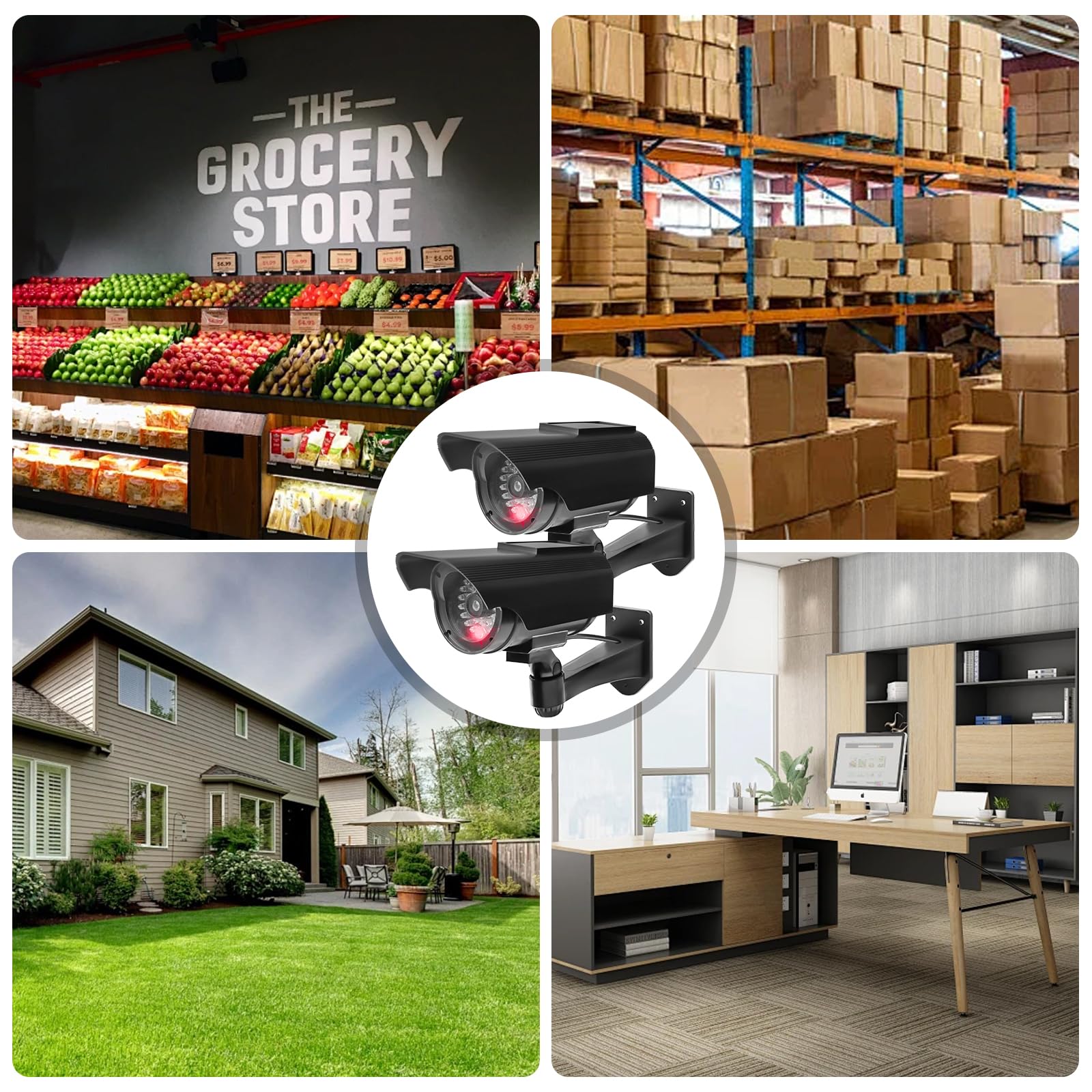 Lot de 2 caméras factices - Fonctionnement solaire - Simulée - Caméra de surveillance factice avec LED clignotante - Pour garage, arrière-cour, porte d'entrée