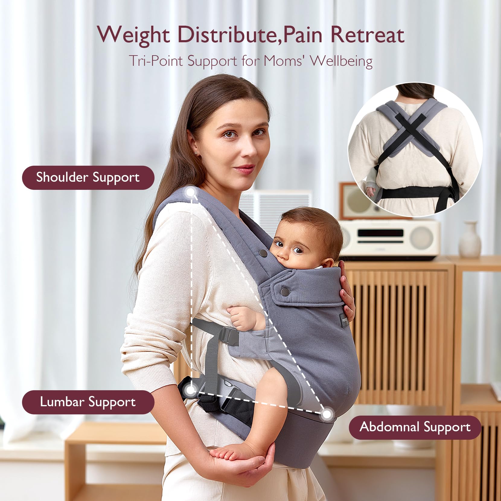 Chusta Ergonomiczna Momcozy – Wygodna, Lekka, Dla Dzieci 3–20 kg, Łatwa w Zakładaniu, Idealna do Aktywnego Rodzicielstwa, Szary