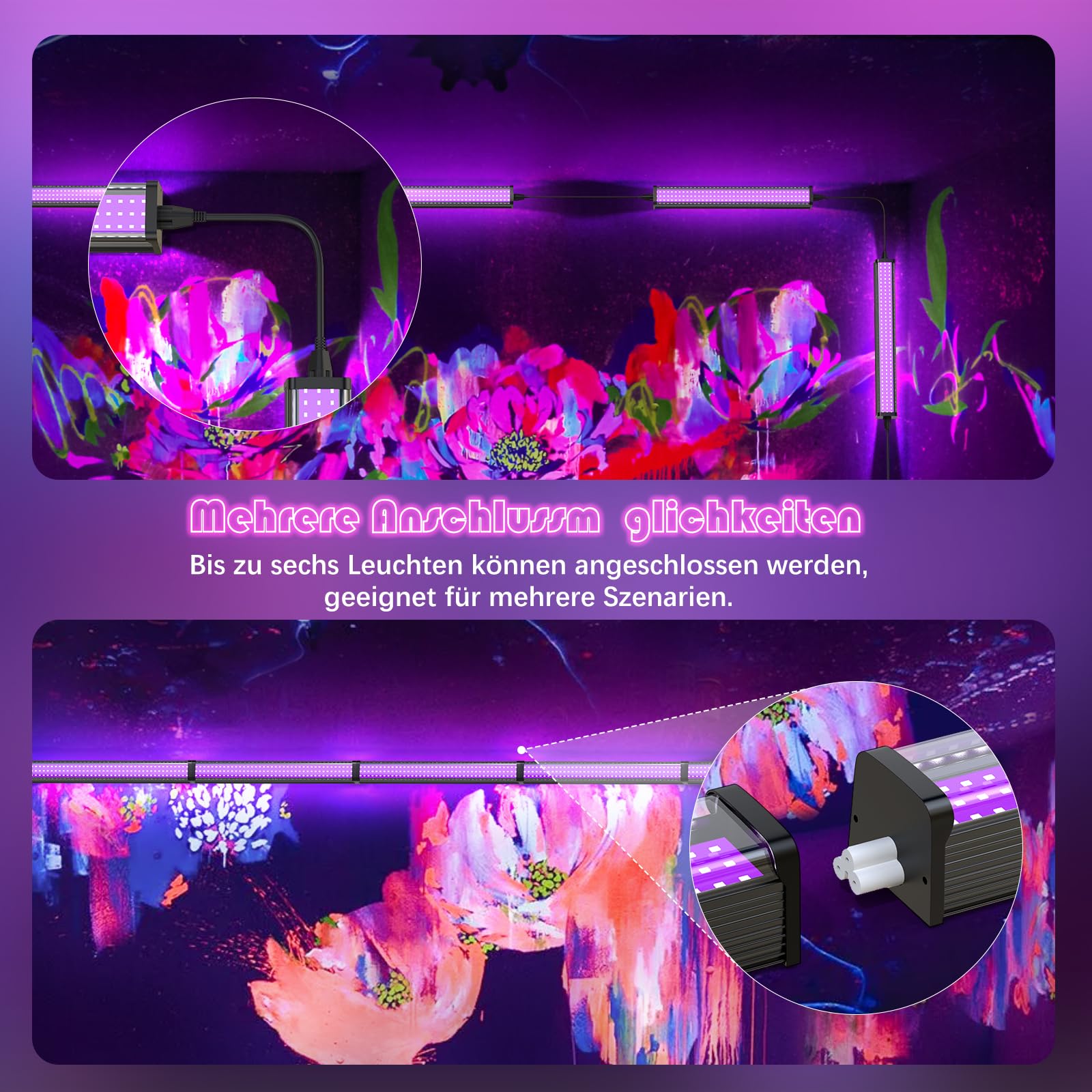 Glostars 2er 26W Schwarzlicht LED, 1Ft Röhre mit Stecker & Schalter, 395nm Schwarzlichtlampe, UV Lampe für Schwarzlicht Party Deko, Disco [Energieklasse A]