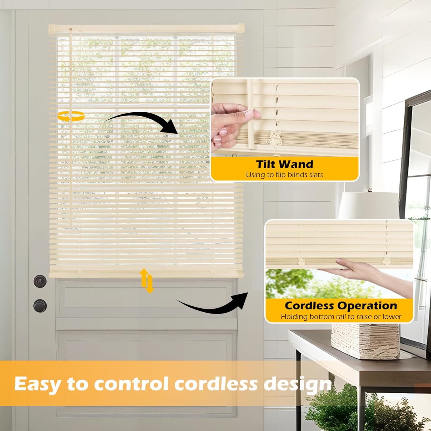 LazBlinds 1" Vinyl Mini Blinds for Doors, Cordless French Door Blinds for Privacy, Light Filtering Privacy Horizontal Shades for Front Door Patio Sidelight Glass Door, 15 3/4" W x 70" H, Beige