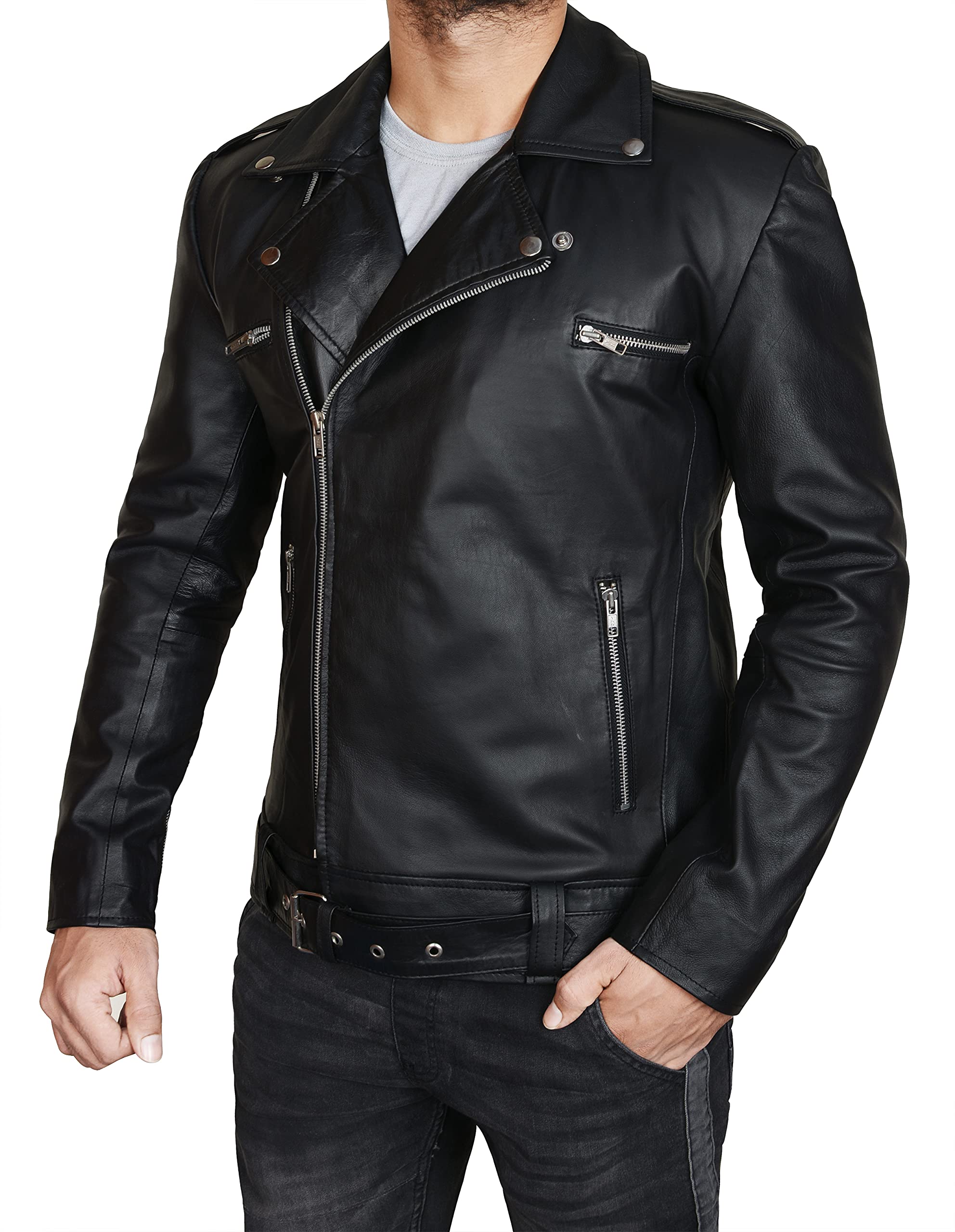 III-Fashions Men's Brando Zip-Up Belt Black Motorcycle Faux Leather Slim Fit Biker Jacket