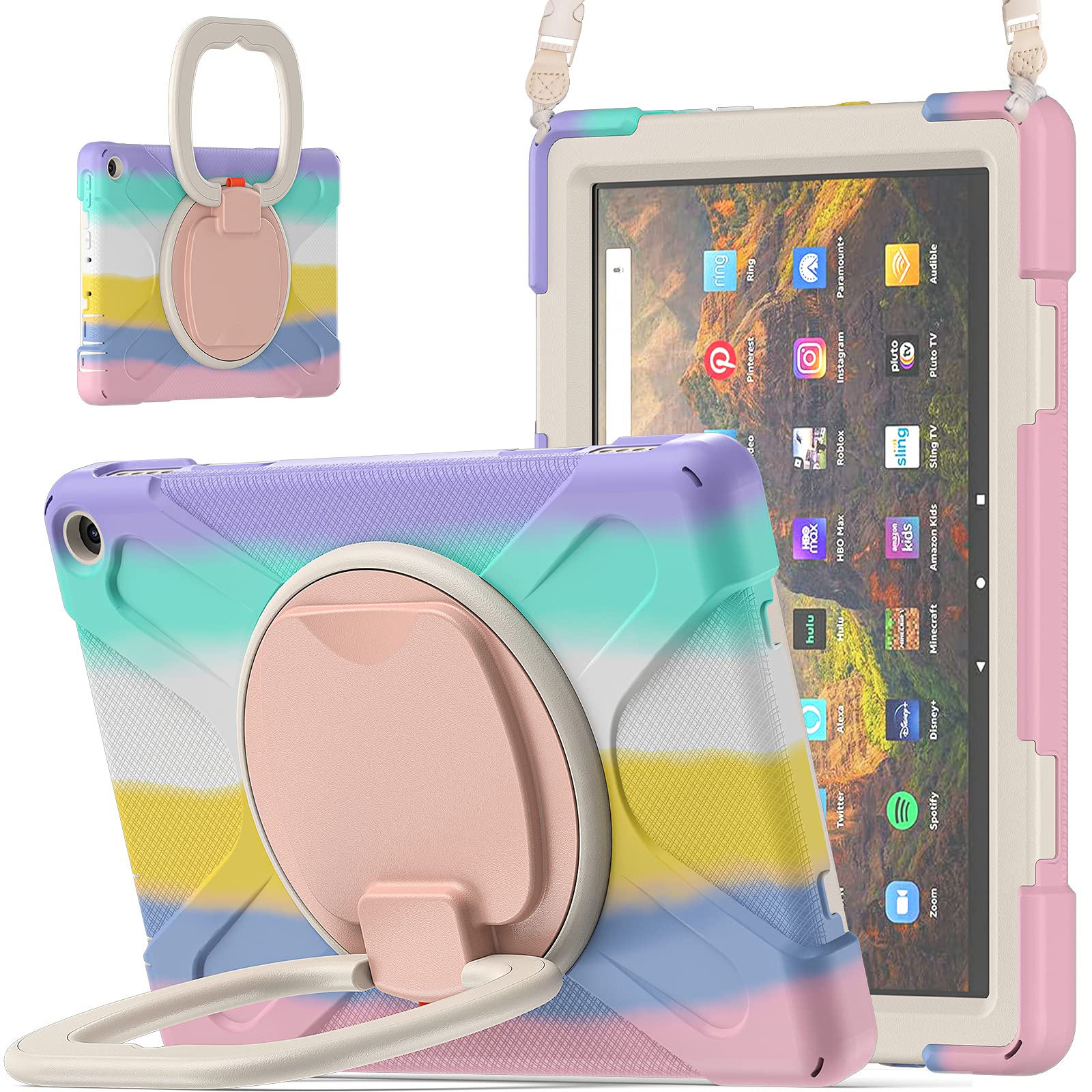 360 ° Rotation Portable Case for Fire HD 10 2023 10.1 inch Tablet, Rugged Case Rotating Stand Hand Strap Shoulder Carrying Strap Outdoor Cover,Colourful Pink